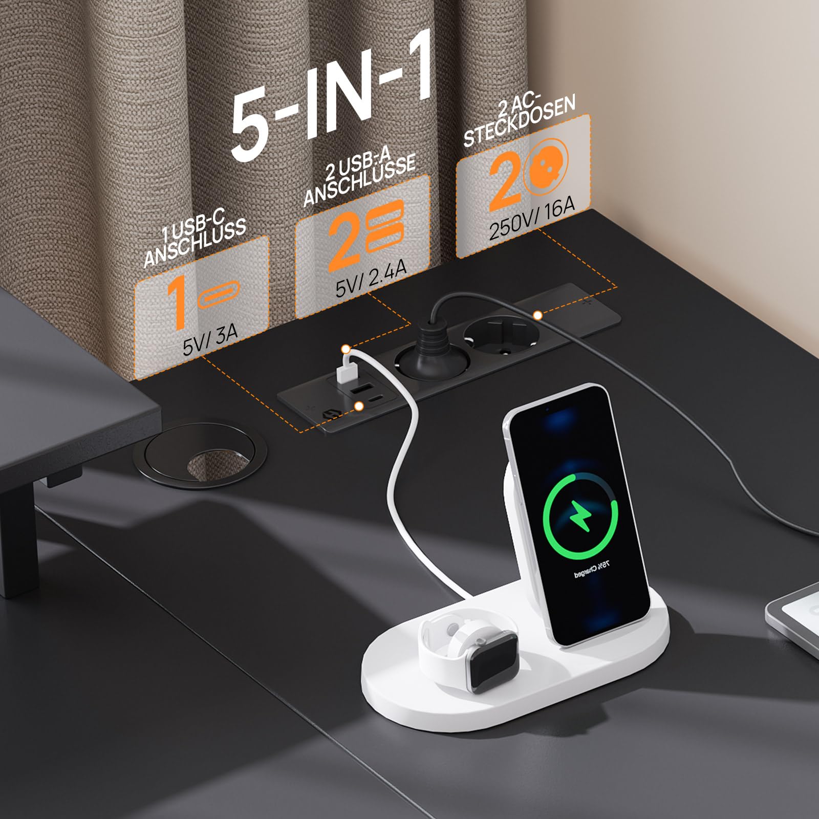 Seventable Schreibtisch L Form mit Ablageflächen, Gaming Tisch mit LED & Steckdosen, Computertisch mit Monitorständer für Homeoffice, Schlafzimmer, Wohnzimmer, Schwarz