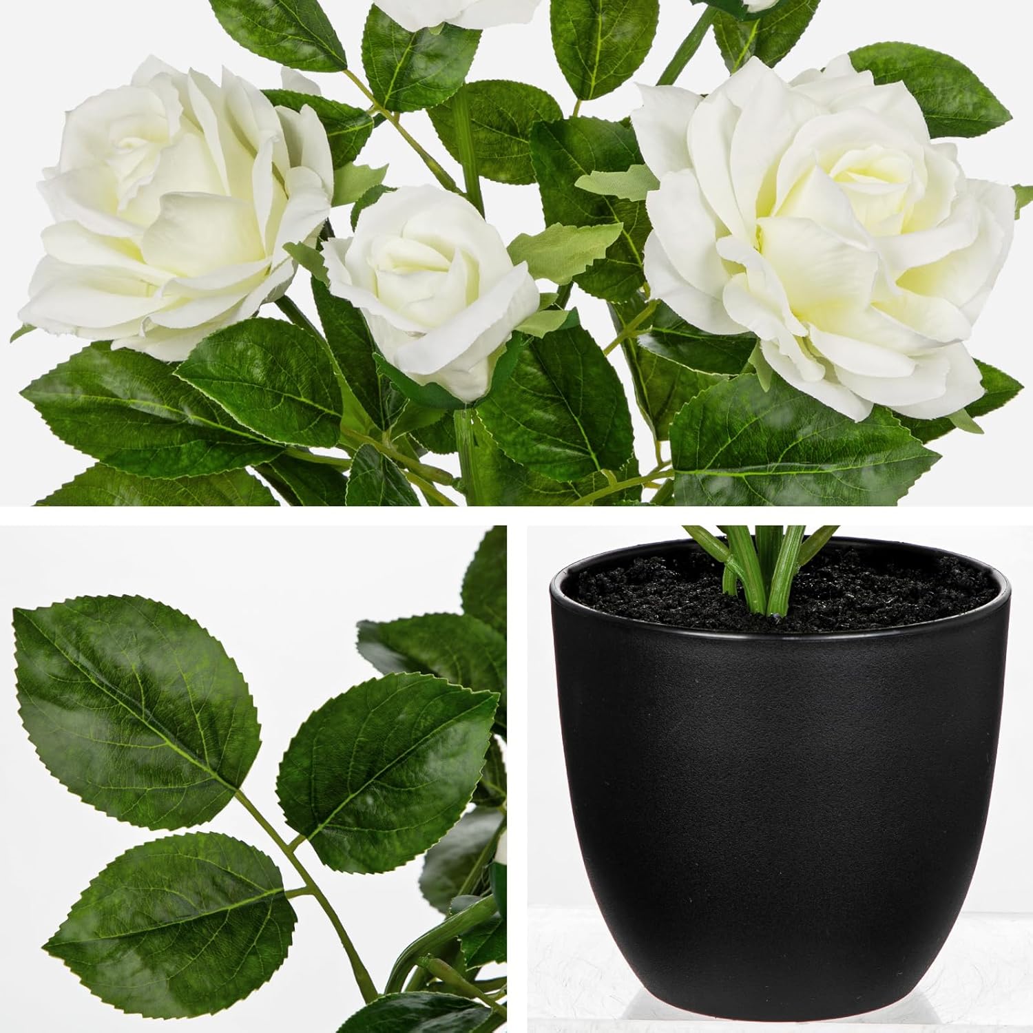 16.5" Roses Artificial Flowers in Pot, White Fake Rose Flowers Arrangement with 3 Blooms 2 Buds, Decorative Potted Floral Centerpieces for Home Table Office Desk Kitchen Counter Farmhouse Decor