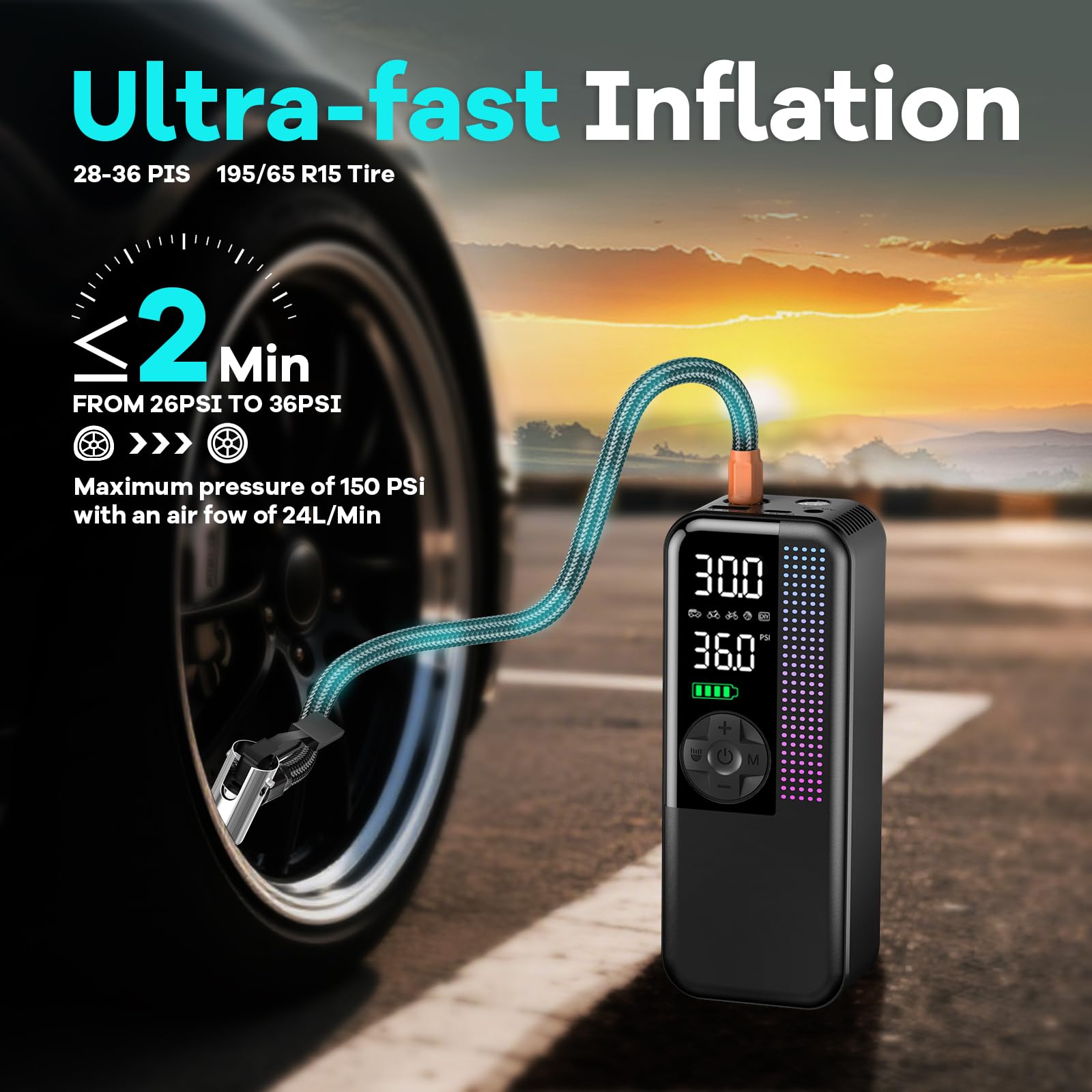 Tire Inflator Portable Air Compressor 150 PSI Cordless Air Pump Dual Power 6000mAh 12V DC Car Plug Fast — view 3