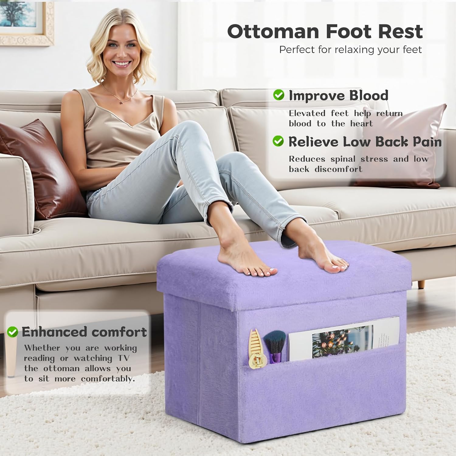Small Ottoman with Storage, Folding Soft Fur Storage Foot Rest Stool with Thicker Furry Padded Seat. Ottoman Bench for Bedroom Living Room, Holds Up to 300 lbs, 17x13x13IN (Purple) - Image 2