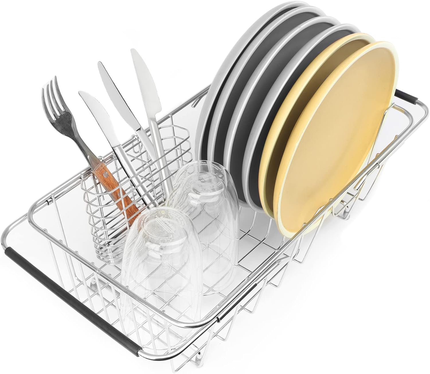 Sink Dish Drainer Rack, Expandable 304 Stainless Steel Dish Drying Rack Organizer with Stainless Steel Utensil Rack, Adjustable 14.96" to 20.59" Inside The Sink (up to 7 Upright Utensils). Small Dish Drying Rack