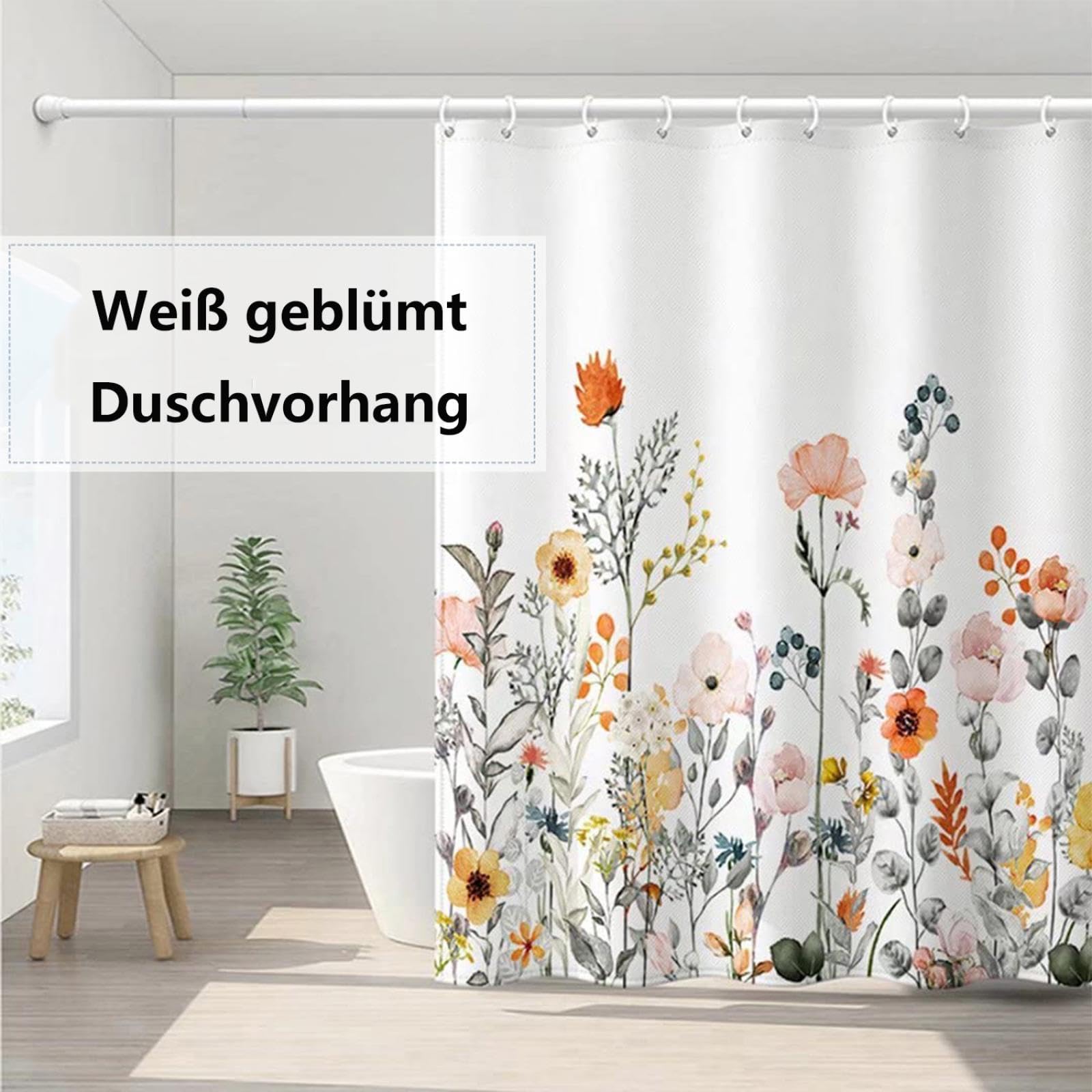 Duschvorhang Polyster Weiß Blumen 180x230cm Wasserdicht Anti-Schimmel Shower Curtains aus Waschbar Schnell Trocknend Badvorhang für Badezimmer, Badewanne mit 12 Duschvorhängeringen