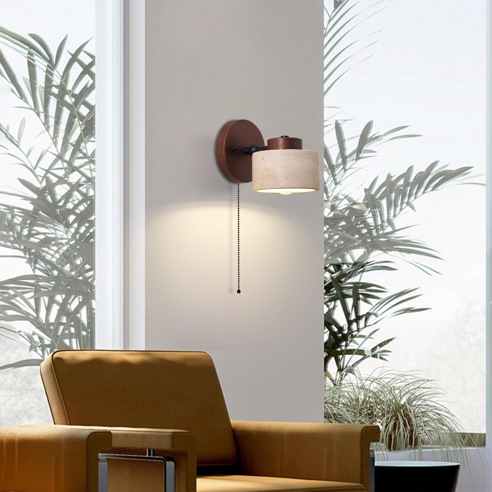 Żółta lampa ścienna z trawertynu, japoński styl oświetlenia artystycznego wabi-sabi, kinkiet ścienny z naturalnego kamienia z drewnianą podstawą i włącznikiem pociąganym(Walnut color)