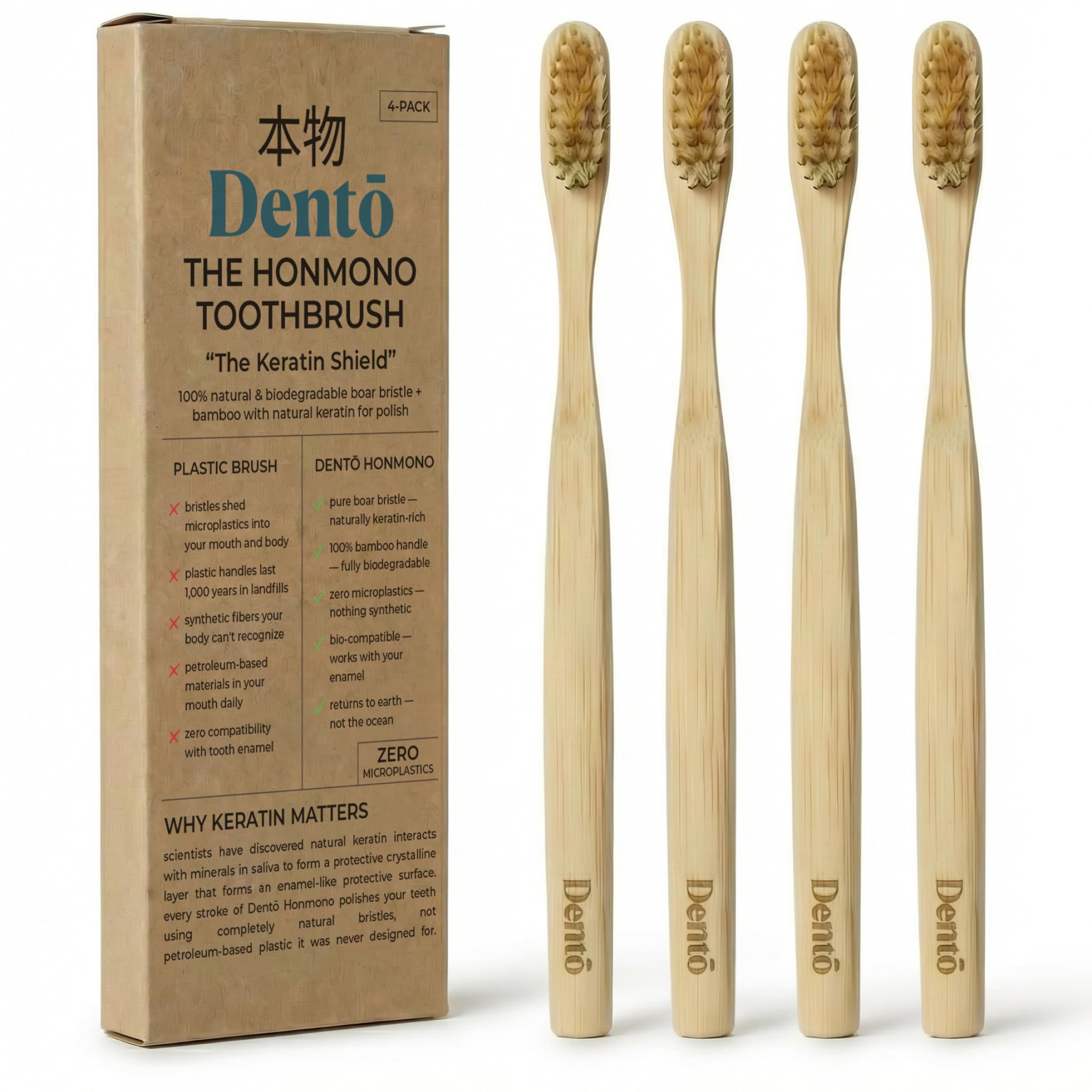 Dento Spazzolino da denti con setole di cinghiale e bambù (confezione da 4) – Setole di cinghiale di alta qualità – completamente biodegradabile – senza plastica e nylon – Design ad asciugatura rapida
