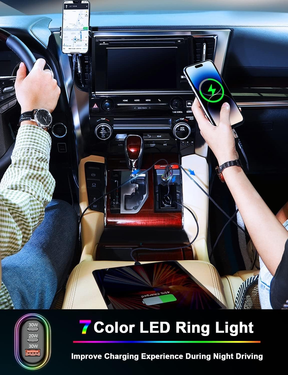 Car charger with LED ring light in a vehicle's console