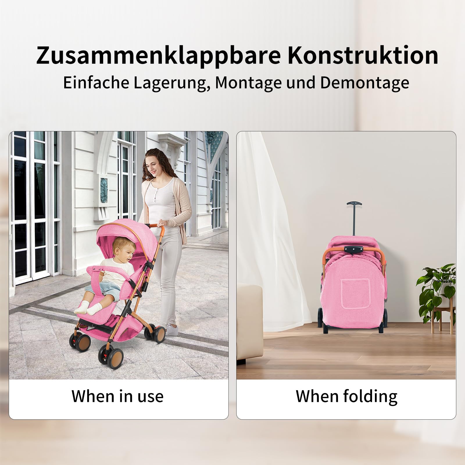 Passeggino 3 in 1 fino a 10 kg con funzione sdraio, passeggino piccolo pieghevole con accessori, ruote in schiuma Eva, zanzariera, porta bevande, cestino (rosa)