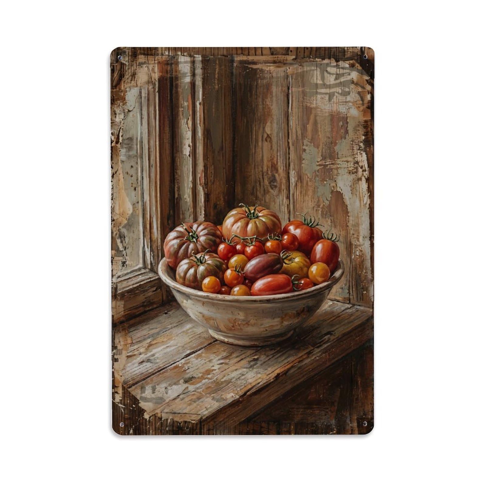 Fqnyr Style Tomatoes Bowl Windowsill Kitchen Metal Tin Sign Plaque Wall Decor For Cafe, Club Bar, Office, Home Garden Metal Poster 8X12inch