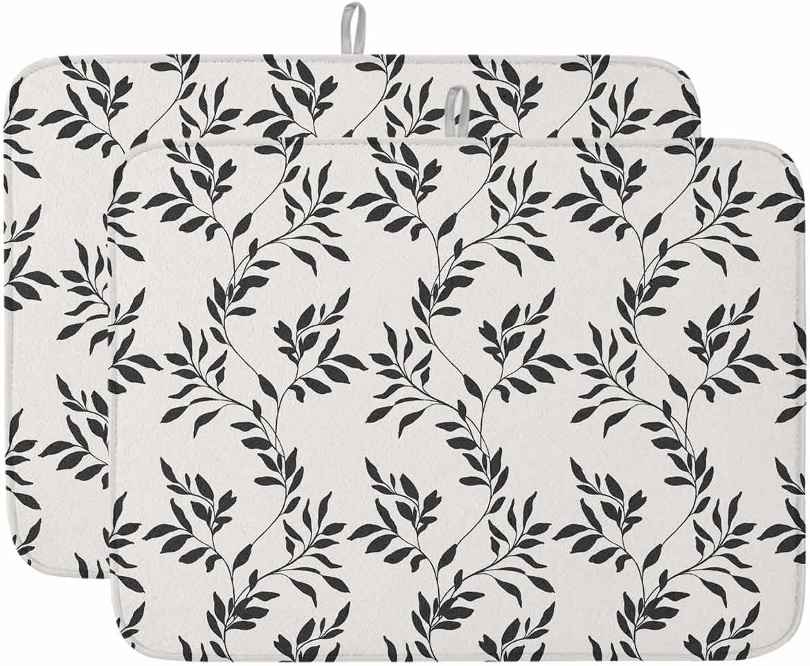 Dish Drying Mat 18 x 24 Inch, Black Leaves Absorbent Microfiber Coffee Mats for Kitchen Vintage Leaf Botanical Minimalist Art Quick Drying Dish Drainer Pad 2 Pack