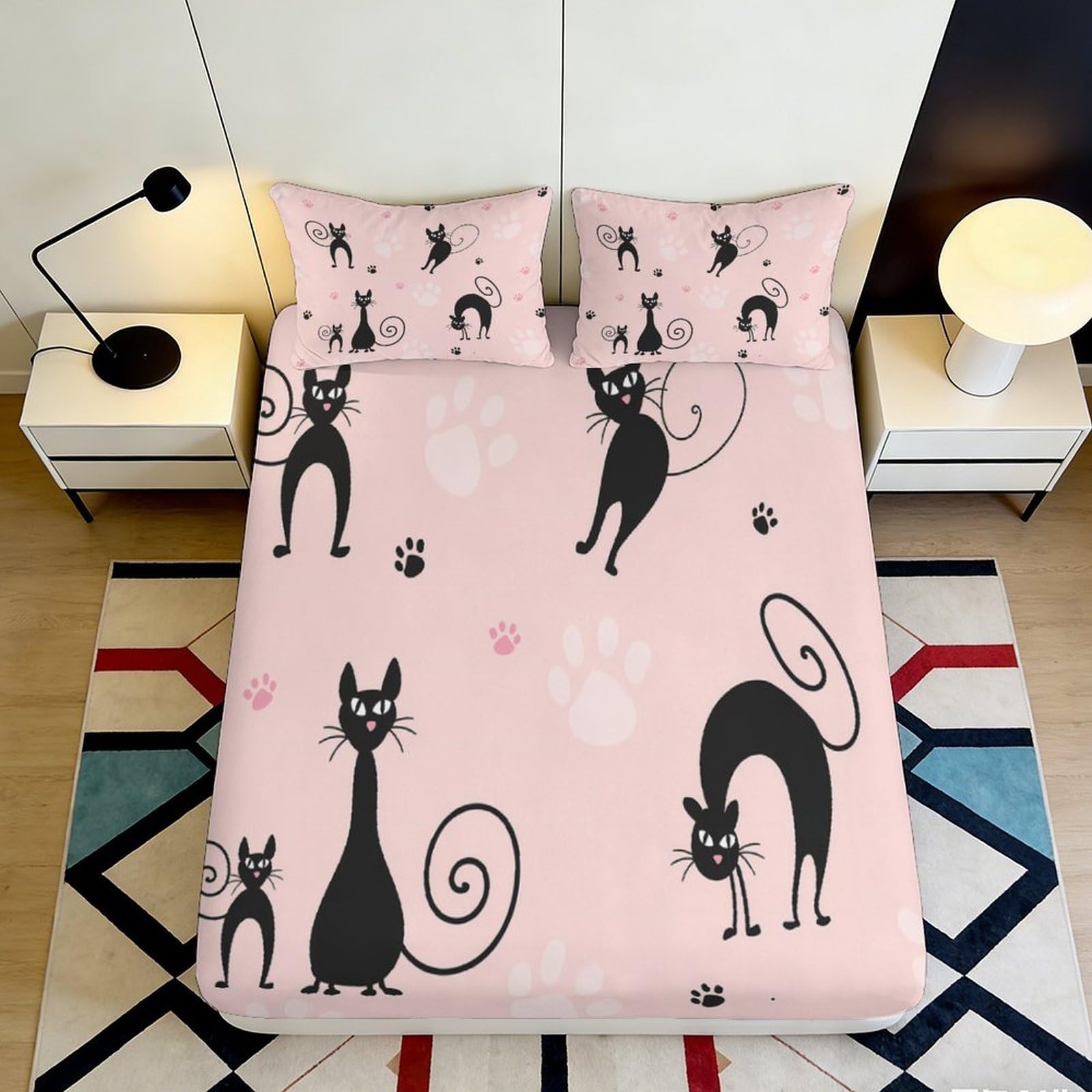 3D Printed Black Cat Cartoon Fitted Sheet Microfiber Pink Animal Paw Mattress Cover Bedroom Dorm Protector 140x200x25cm