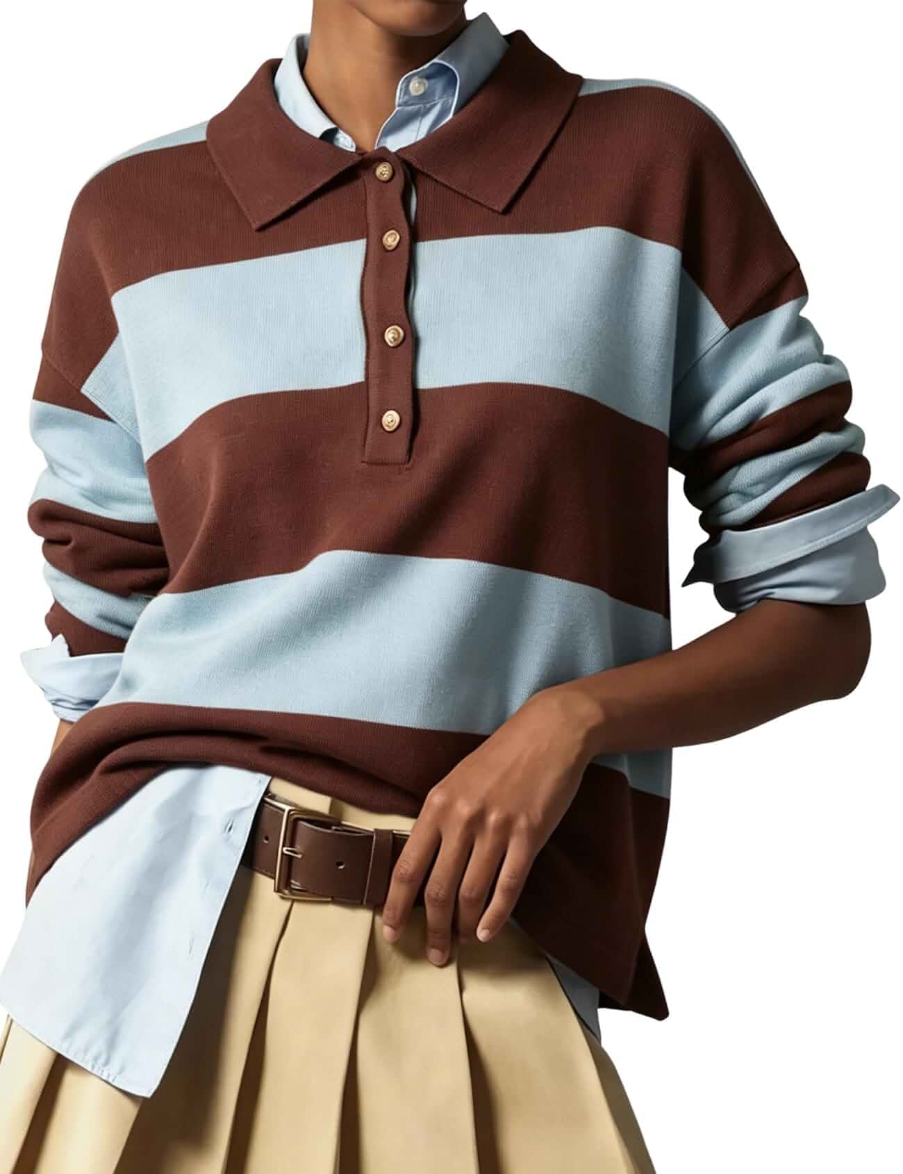 Wyeysyt Polo Sweater Women Rugby Shirt Striped Collared Sweaters Long Sleeve, Knit Top, Rugby Polo, Casual, Back to School, Y2K, Preppy Shirts