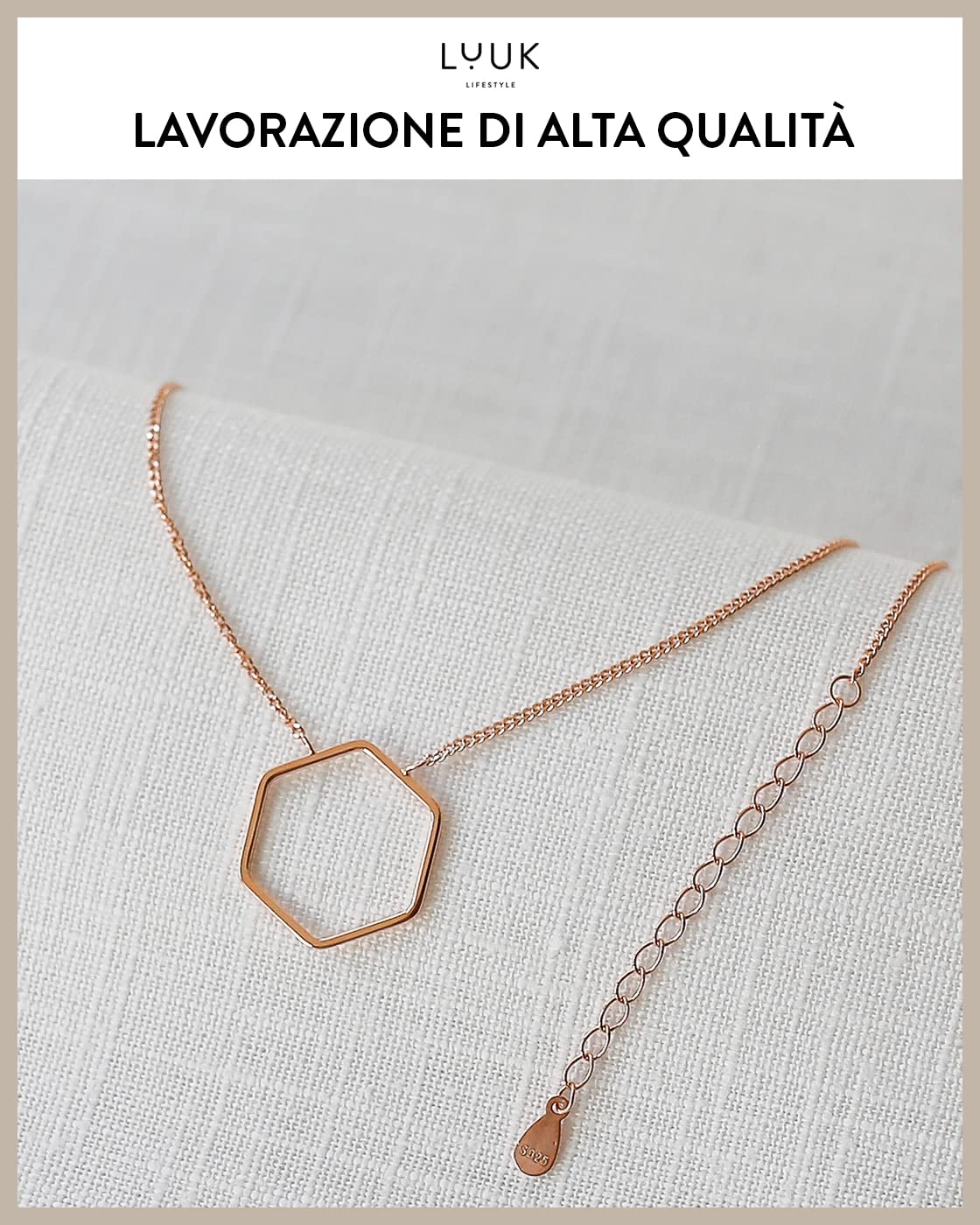 LUUK LIFESTYLE Collana in argento 925 con ciondolo ad anello, esagono, quadrato, cerchio, portafortuna e dedica SIMPLICITY, argento, oro, rosa