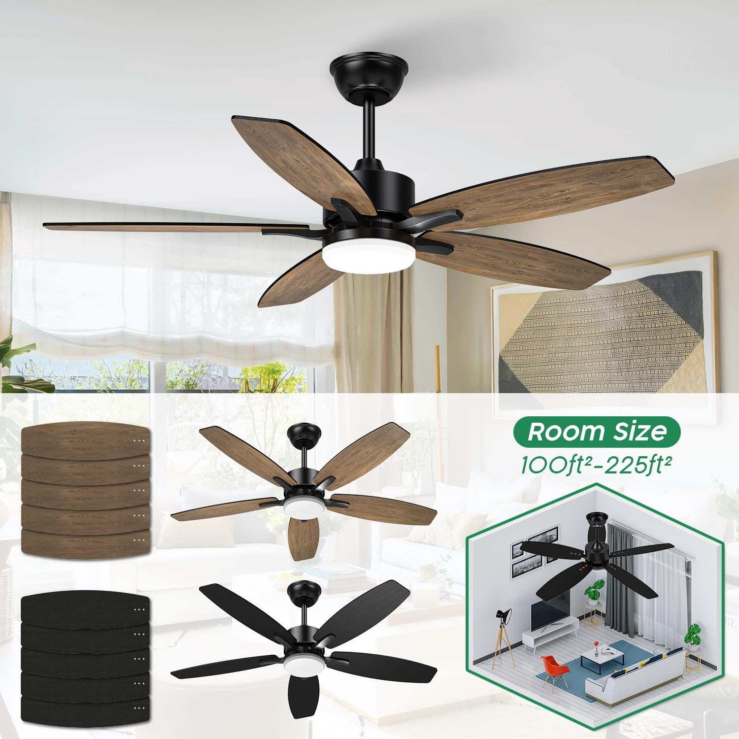 Wentylator sufitowy z oświetleniem i pilotem zdalnego sterowania, cichy, 106 cm, wentylator sufitowy z lampą LED z 5 drewnianymi łopatkami, rysunek słojów drewna/czarny, do sypialni, salonu