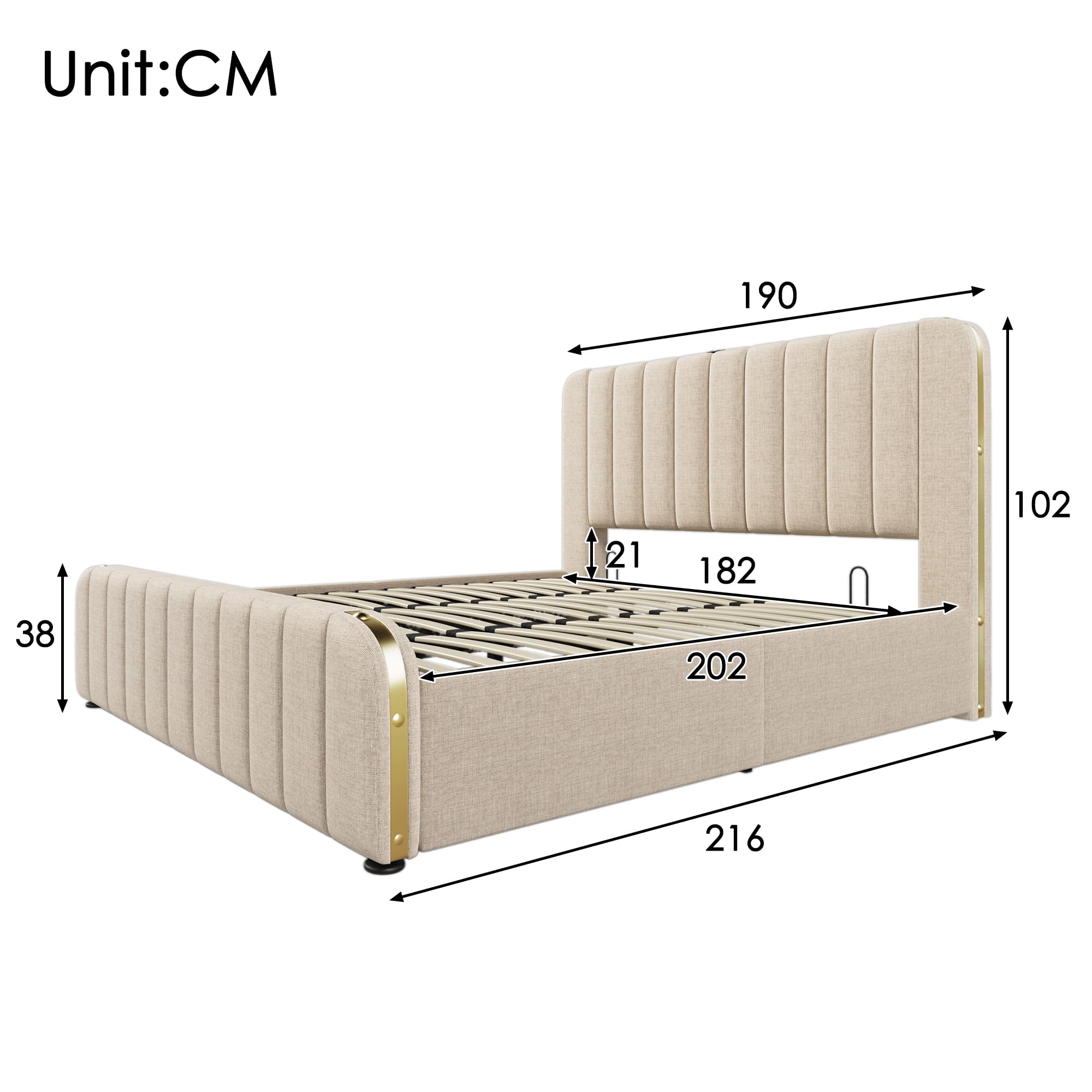 Letto matrimoniale imbottito,testata imbottita con finiture dorate e ricarica USB Type-C,180x200cm,tessuto di lino beige,letto contenitore idraulico,senza materasso