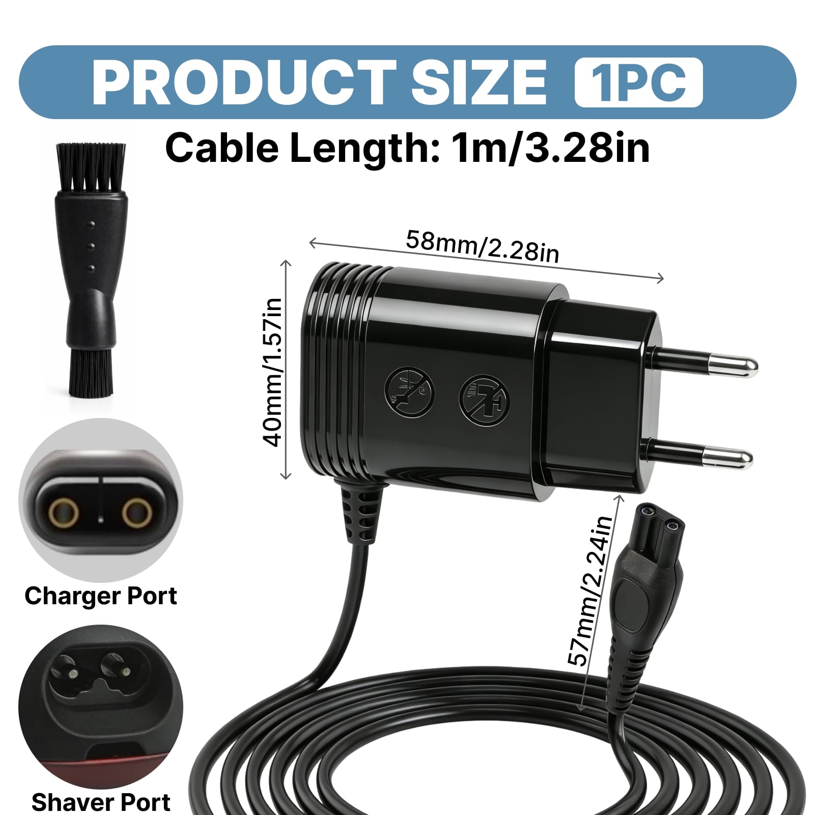 HQ8505 - Caricatore per rasoio Philips, 15 V, 1,5 m, compatibile con Philips 3000, 5000, 7000, 9000, MG7720, MG7745, QP6510, QP6651, S5588, HC5630, con spazzola per la pulizia della barba