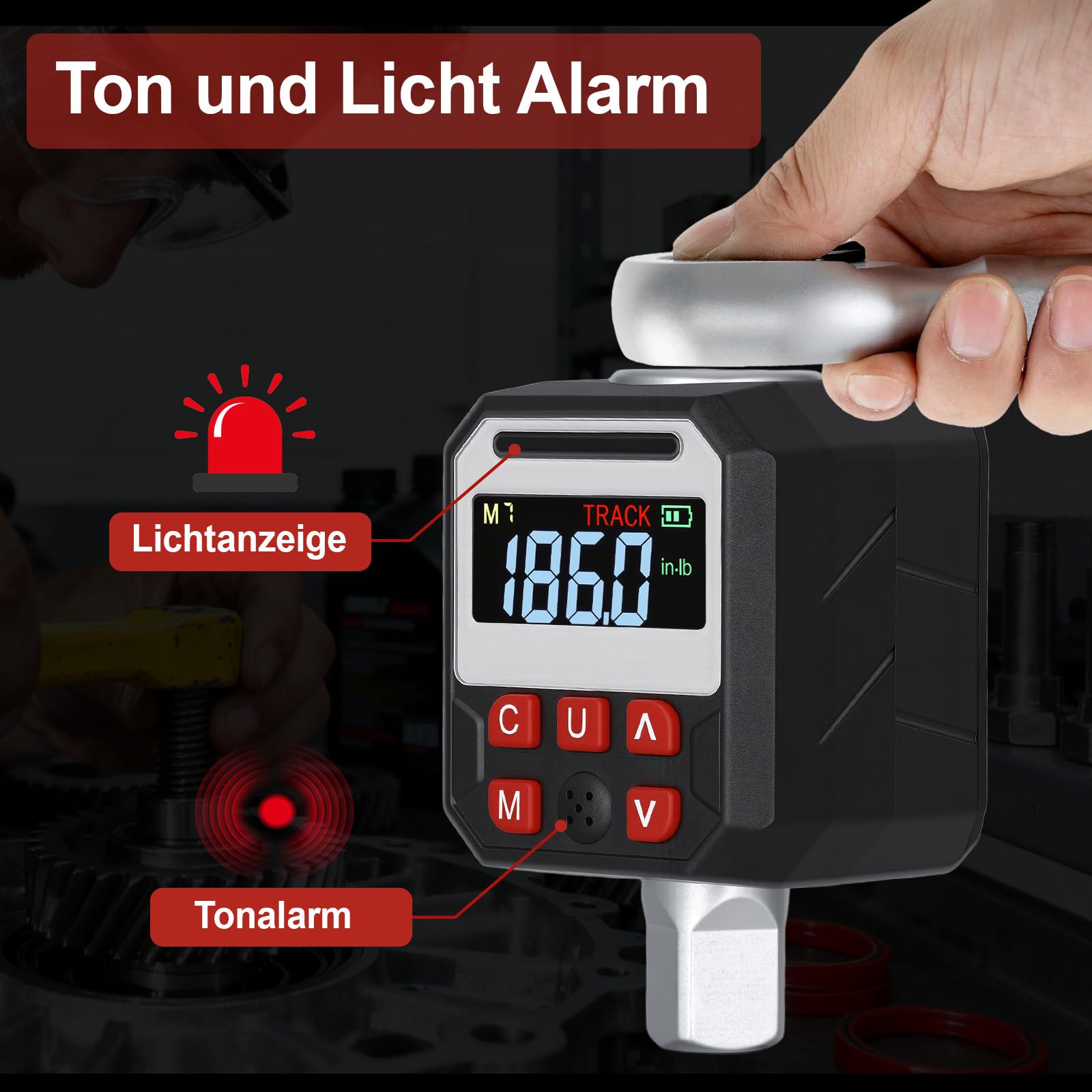 Digitaler Drehmomentadapter, 1/2 Zoll Digital Drehmomentschlüssel mit ±2% Genauigkeit, Voreingestellter, LED Anzeige, Summer, 3/8" und 1/4" Adapter für Fahrrad, Motorrad, Auto (10-200Nm)
