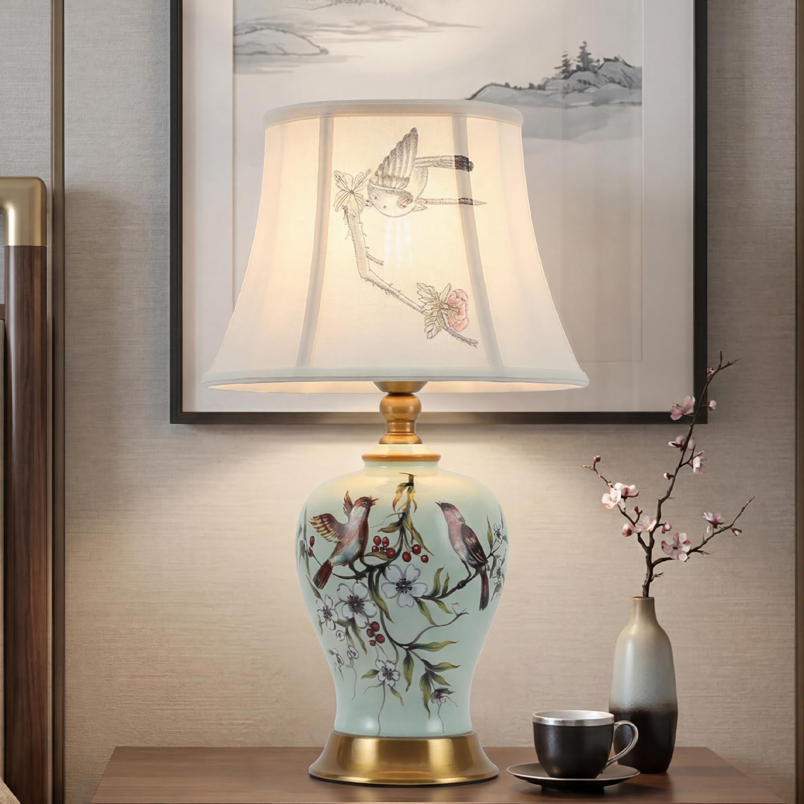 Tischlampe Retro Keramik, Stoff-Nachttischlampe, Vintage-Leselampe für das Schlafzimmer, weißer Lampenschirm, Schreibtischlampe im modernen Stil, E27-Nachttischlampe für Hotel,Wohnzimmer(H 52CM)