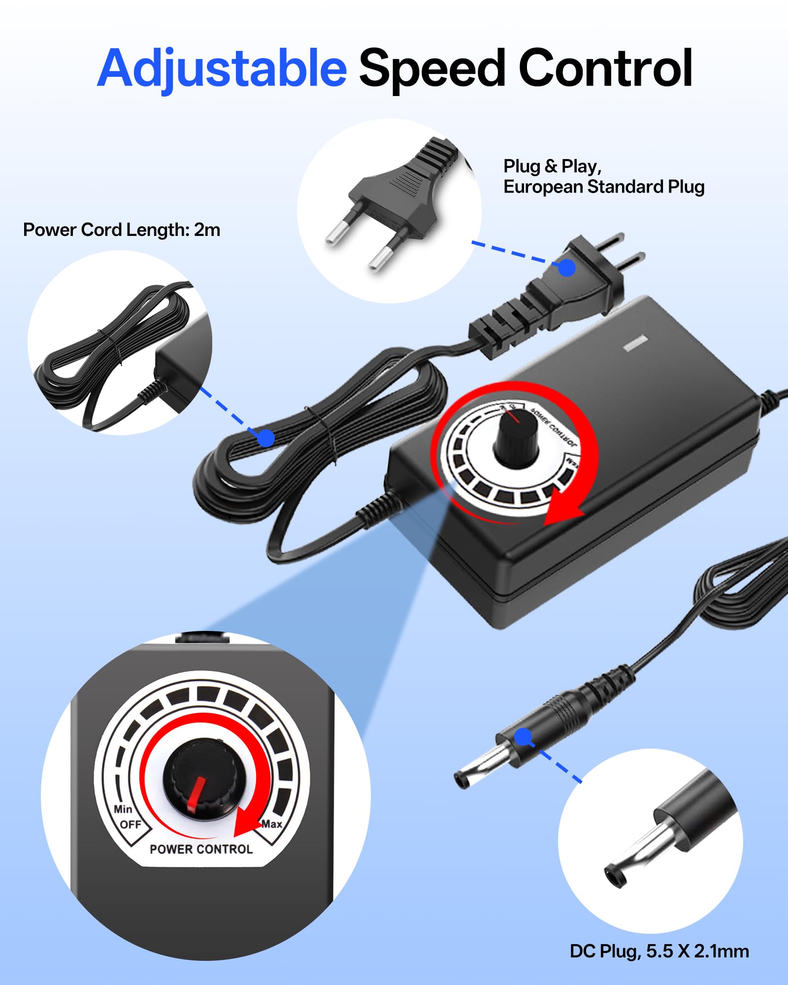 Ventola universale da 240 mm con regolatore di velocità, ventola esterna per router ricevitore, console di gioco e alloggiamento PC, ventola di raffreddamento da 12 V con alimentatore di rete e