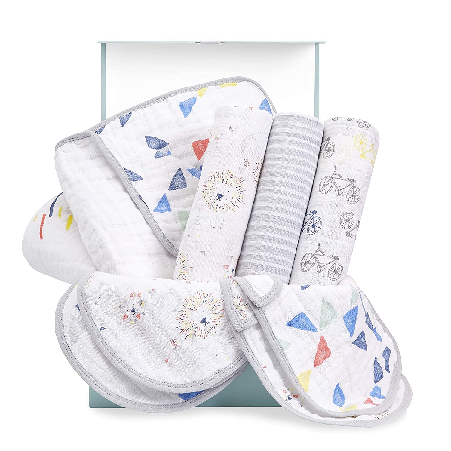 Mom's Home Organic Muslin New Born Baby Gift Set - Blue White - 10 Items