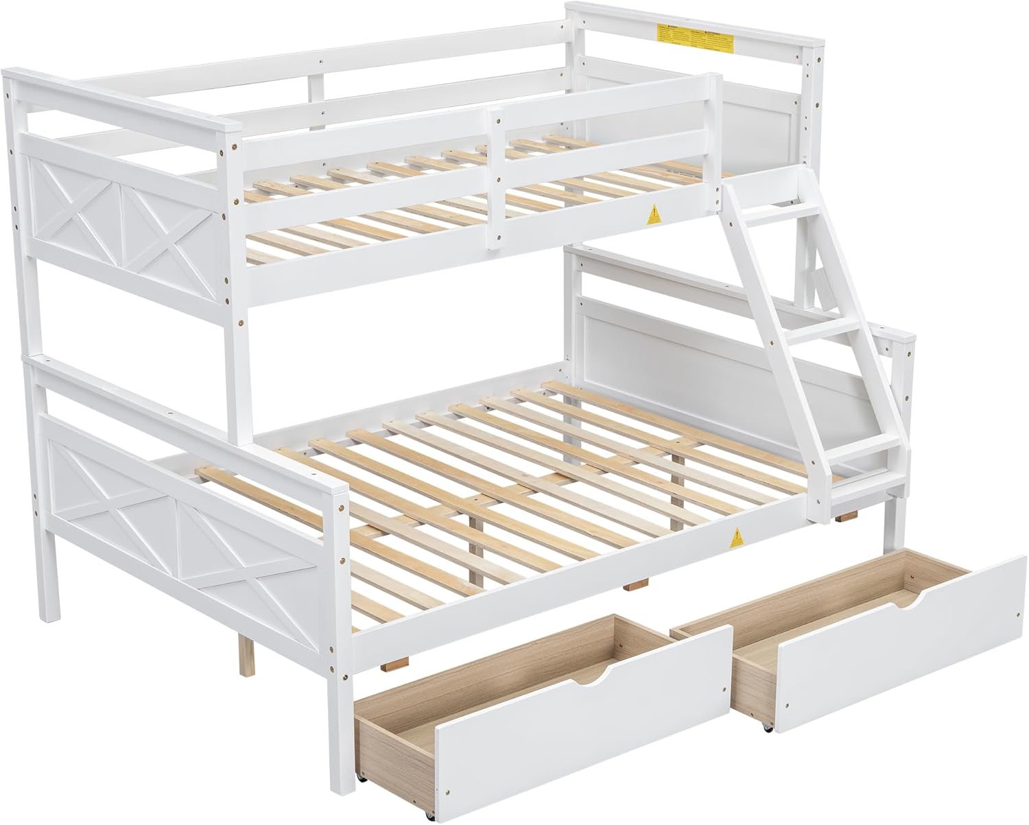 Twin Over Full Bunk Bed, Modern Pine Wood Bed Frame with Storage Drawers, Safety Guardrail and Ladder, 2-1 Convertible Bed for Bedroom Guest Room Apartment, Space Saving, No Box Spring Needed, White