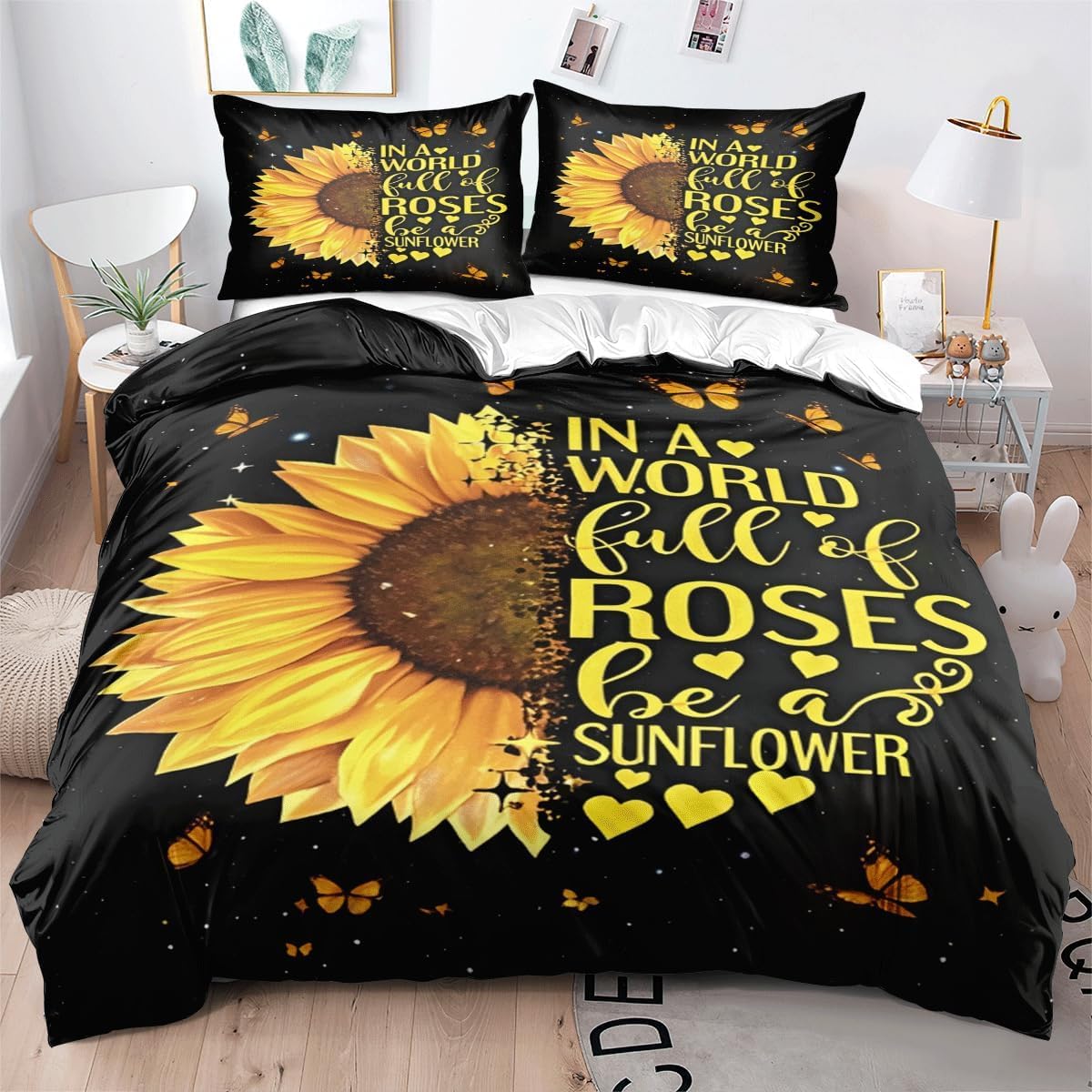 Housse de couette 240x260 microfibre imprimée tournesol avec 2 taies 65x65