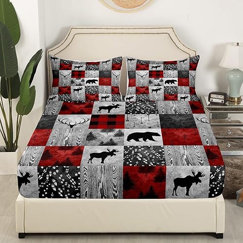 Miniatura 2 de Juego de sábanas a cuadros de búfalo para decoración de cabaña, sábana bajera de asta de alce de oso y ciervo, juego de ropa de cama de madera con