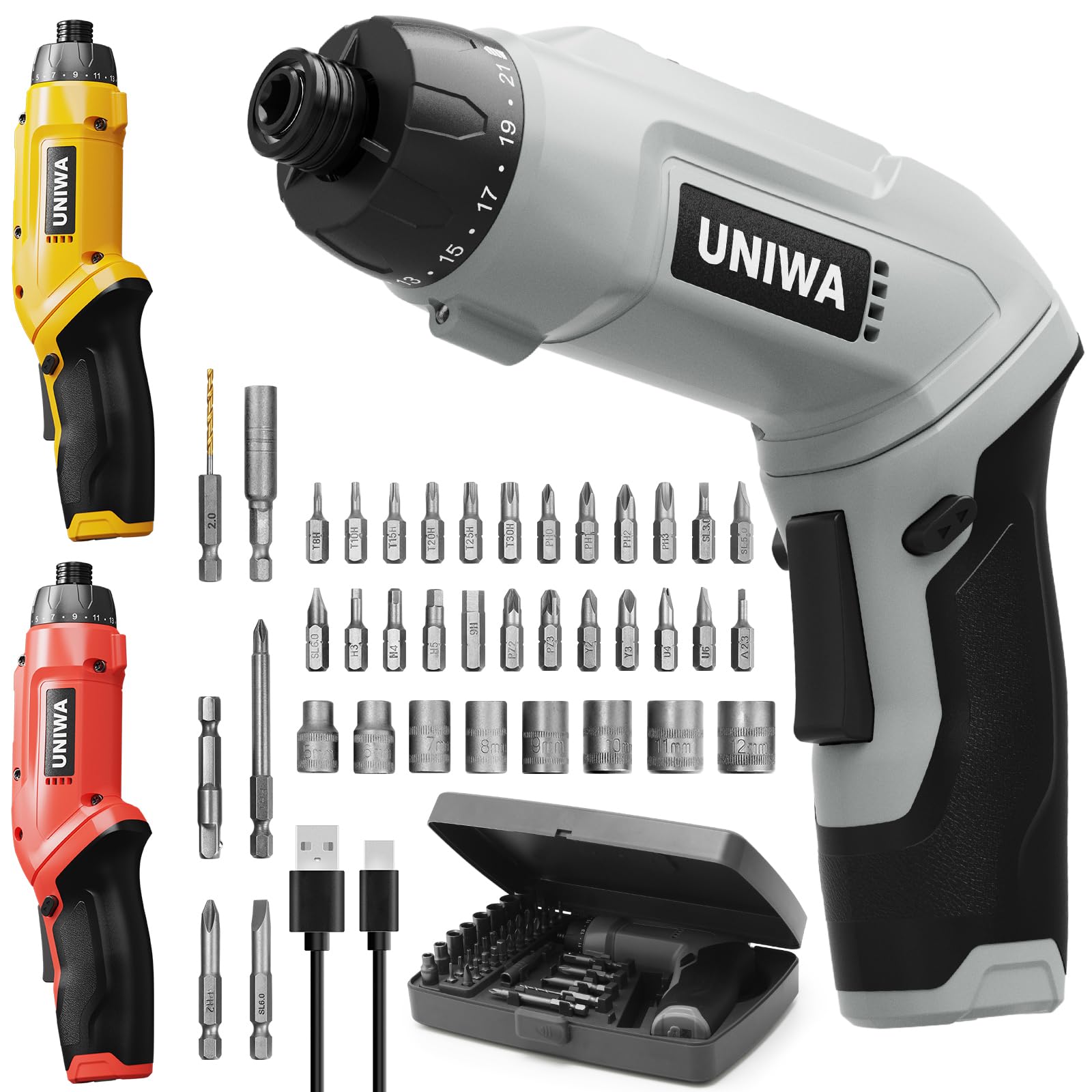Photo 1 of **PARTS ONLY, DRILL BIT STUCK INSIDE**UNIWA Cordless Electric Screwdriver Rechargeable - 650 RPM Power Screwdriver Set, Cordless Drill Small Drill, Hand Drill Set, 7.1N.m, 38PCS Bits, 2000 mAh, 3.6 V Power Tools, Pivoting Handle (Grey)