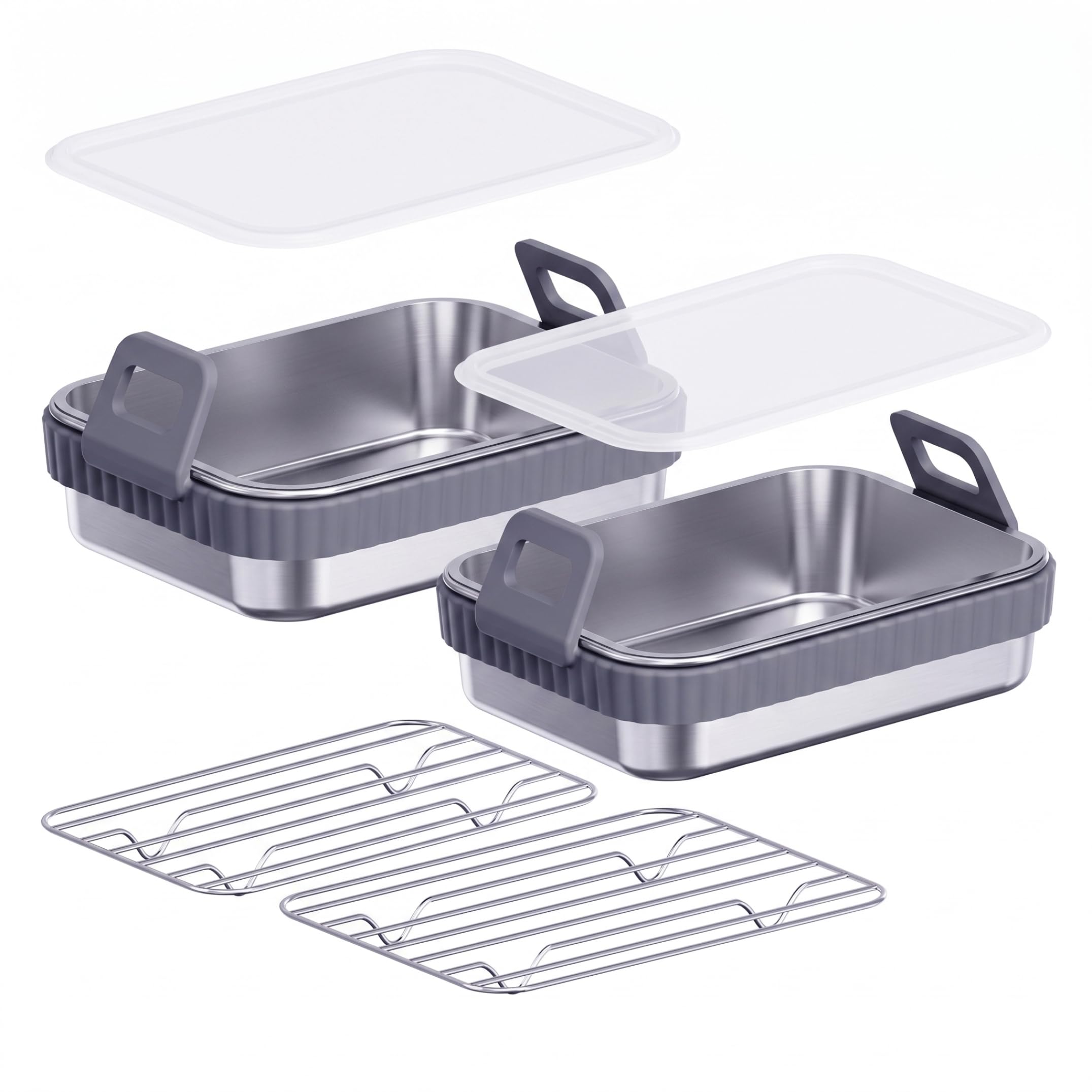 Xoeryoy 2PCS Air Fryer Pans For Oven, Oven Air Fryer Basket And Tray, Stainless Steel Baking Pan With Silicone Handles, Lid & Rack, Gray, Fits Most Standard Fryers