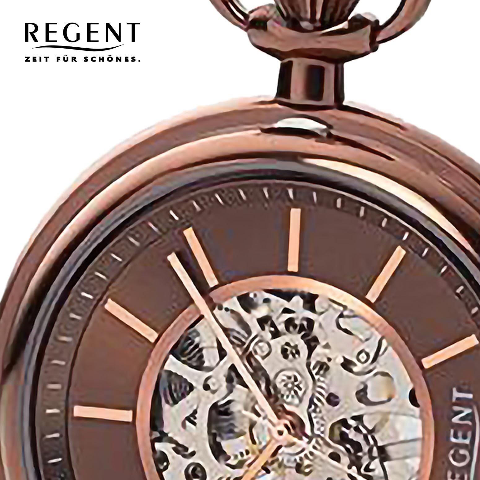REGENT Herren Taschenuhr mit mechanischem Handaufzugswerk Glasboden mit Sicht auf das Skelett Uhrwerk mit Edelstahl Klappdeckel