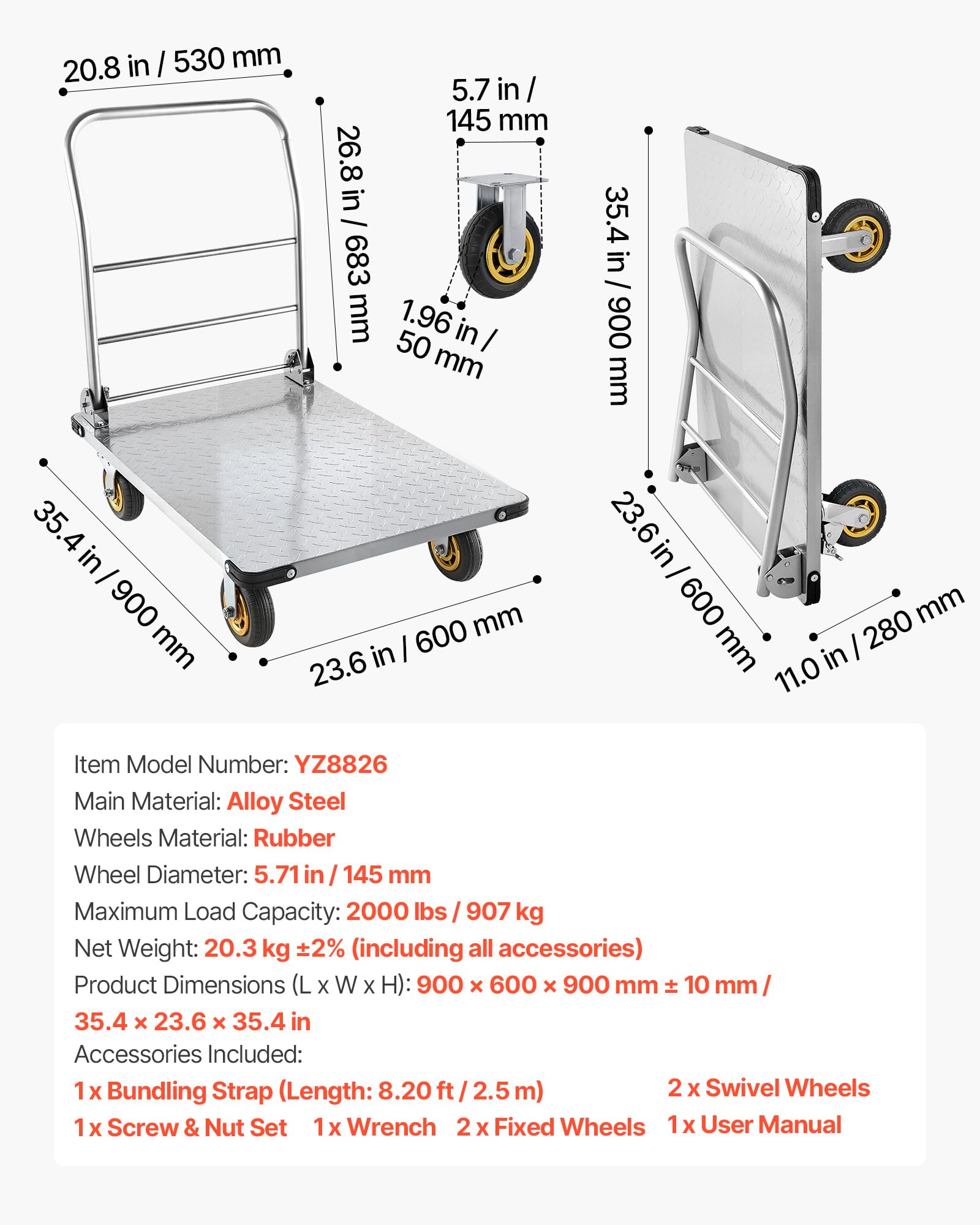 VEVOR Plattformwagen Klappbar 907 kg, Transportwagen mit Lenkrolle, Handwagen mit Rutschfester Ladefläche, Klappwagen Transporthilfe für Einfache Aufbewahrung, 900x600 mm Rollwagen