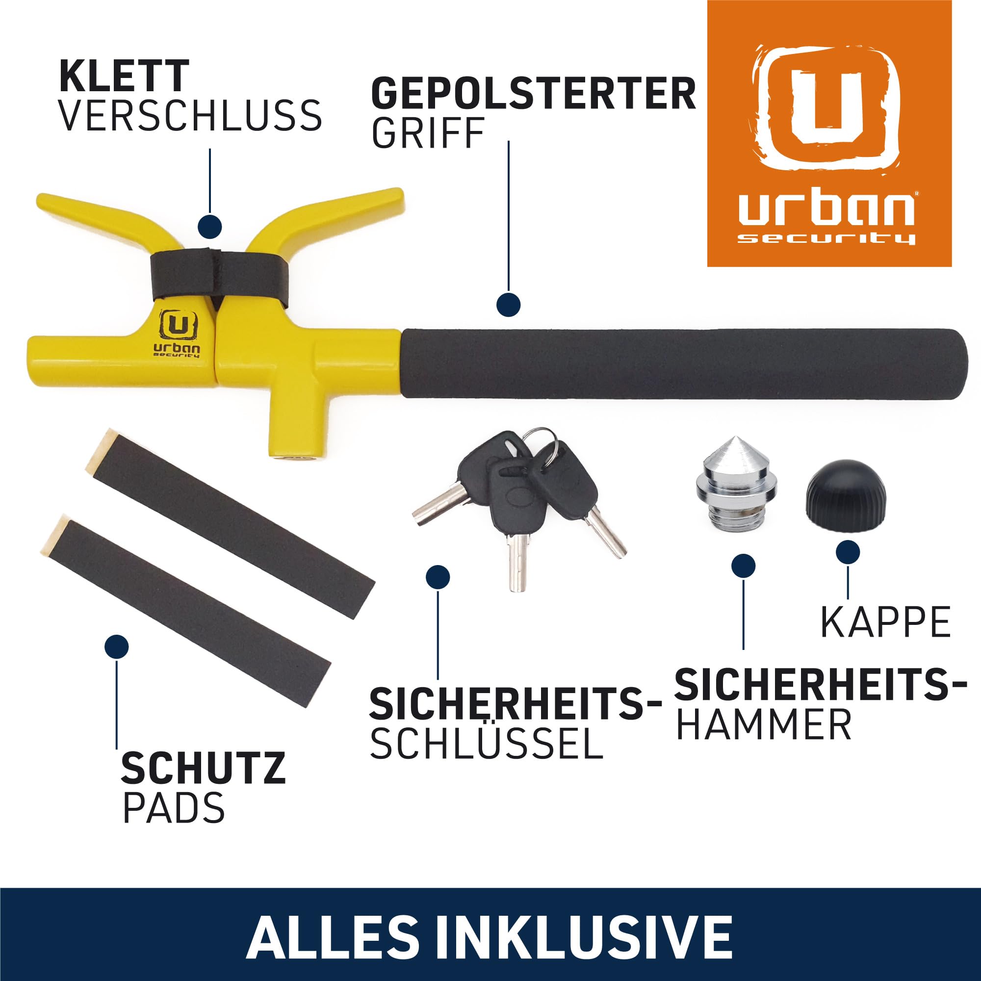 URBAN UR959Y Lenkradkralle Hochsicherheits Lenkradschloss Abschreckend Gelb, Lenkradsperre Automatik-Verriegelung, Diebstahlsicherung Universal für Auto Wohnmobil PKW