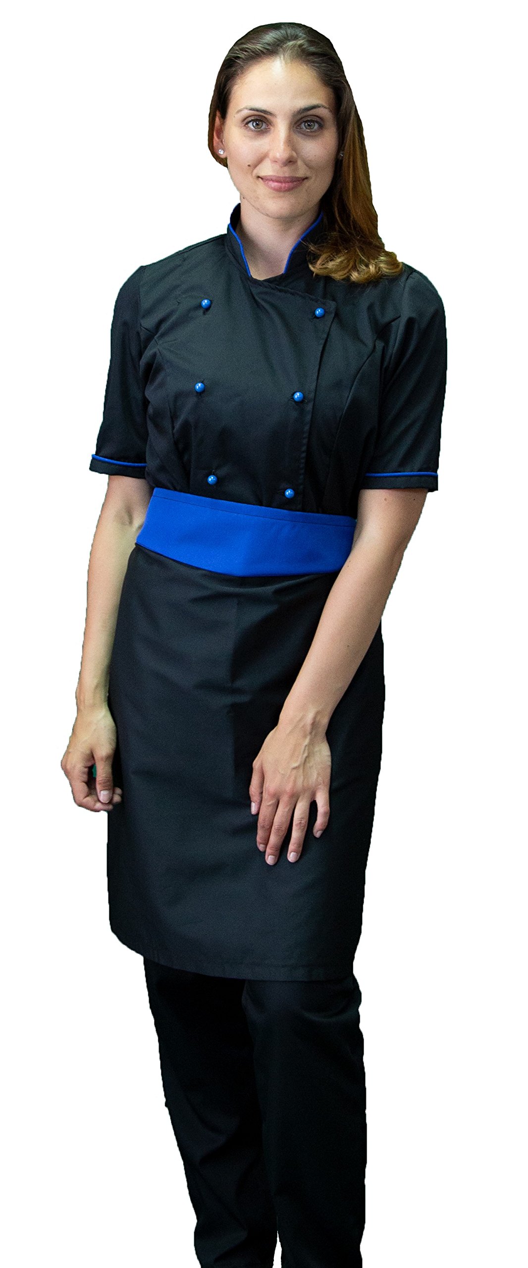 Ricamo Gratuito - Completo Cuoco da Cucina - Nero e Blu - Divisa Chef Donna Manica Corta - Pantalone, Giacca e Grembiule - Made in Italy