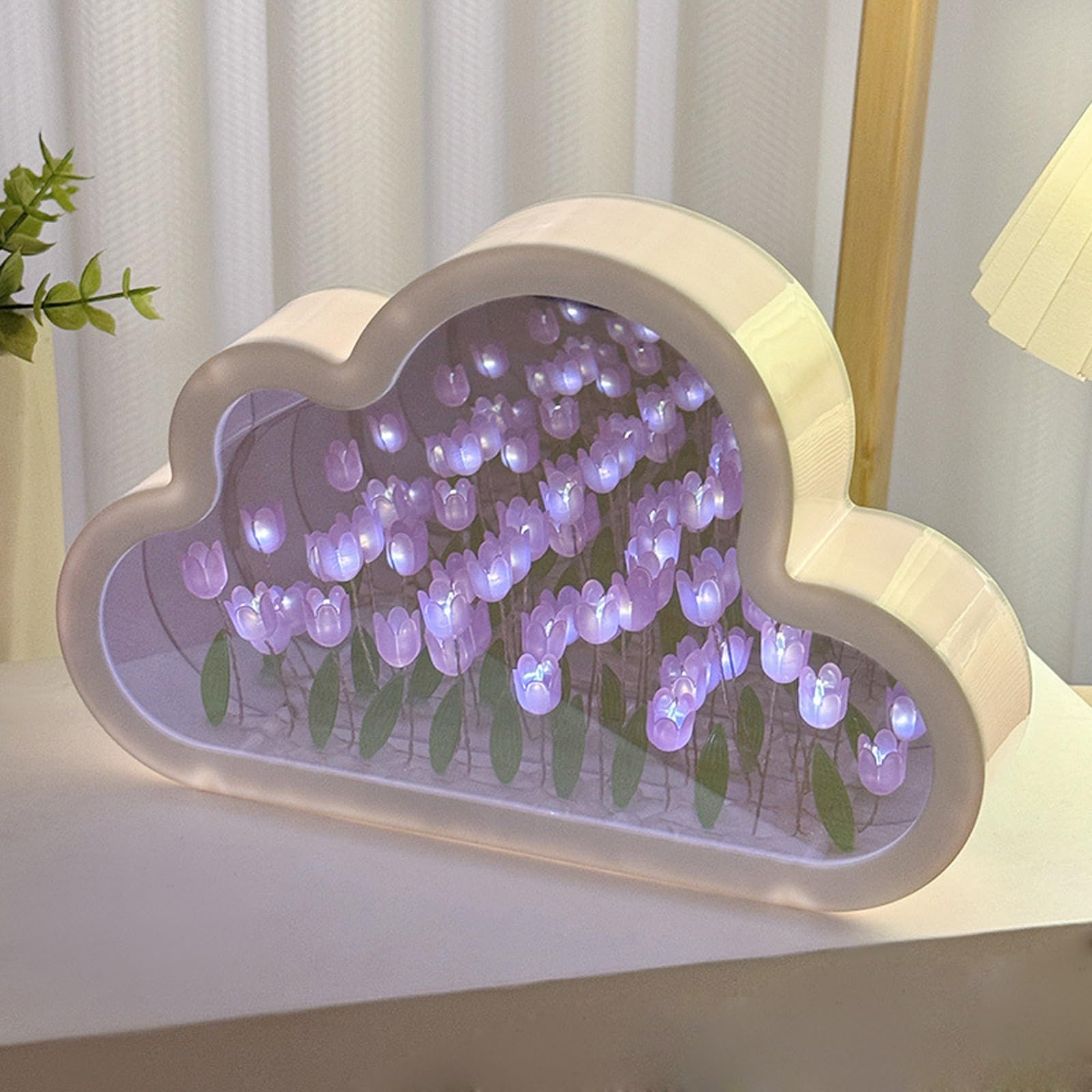 CHENRI Forever Infinite Cloud Mirror Tulips, Fully Assembled Tulip Mirror Lamp with DIY Night Light Decorative Lamp for Bedroom (Purple)