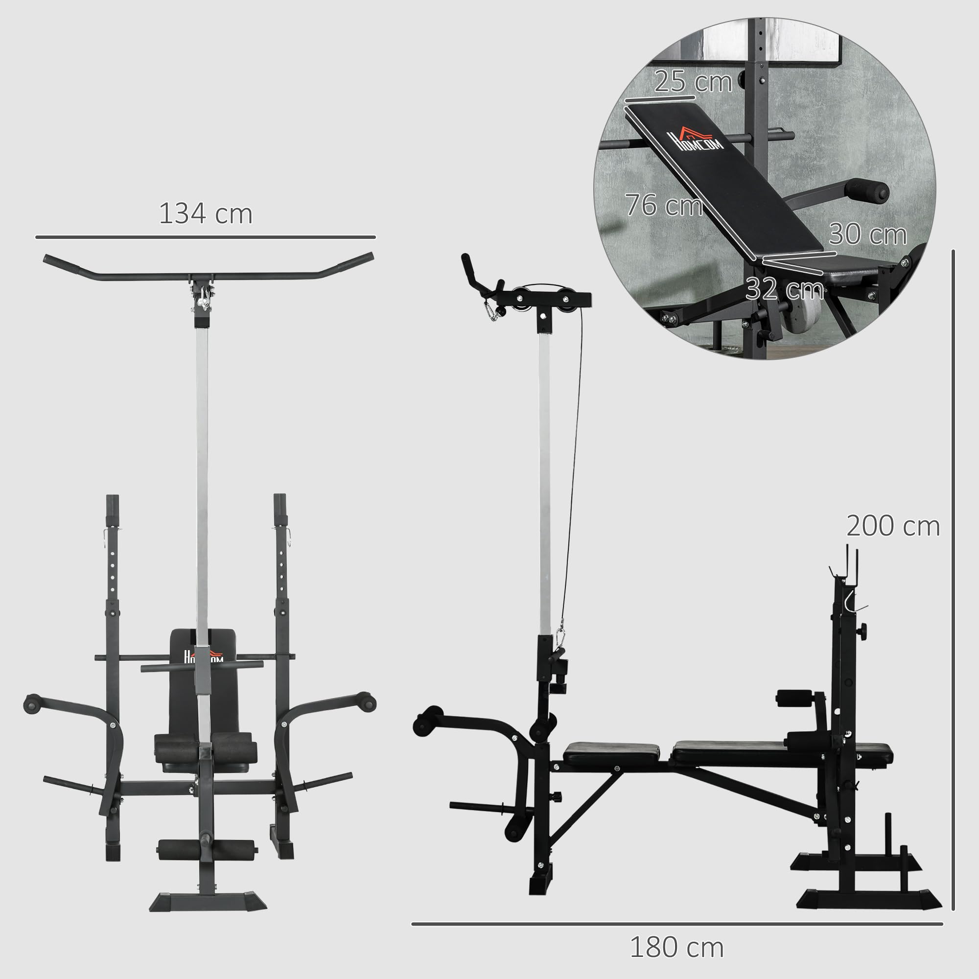 HOMCOM Panca Palestra Multifunzione con Pulley System, Supporto Bilanciere e Schienale Regolabili, Panca Pesi Inclinabile Piana con Leg Extension, Chest Expansion, Portapesi, Allenamento Palestra Casa