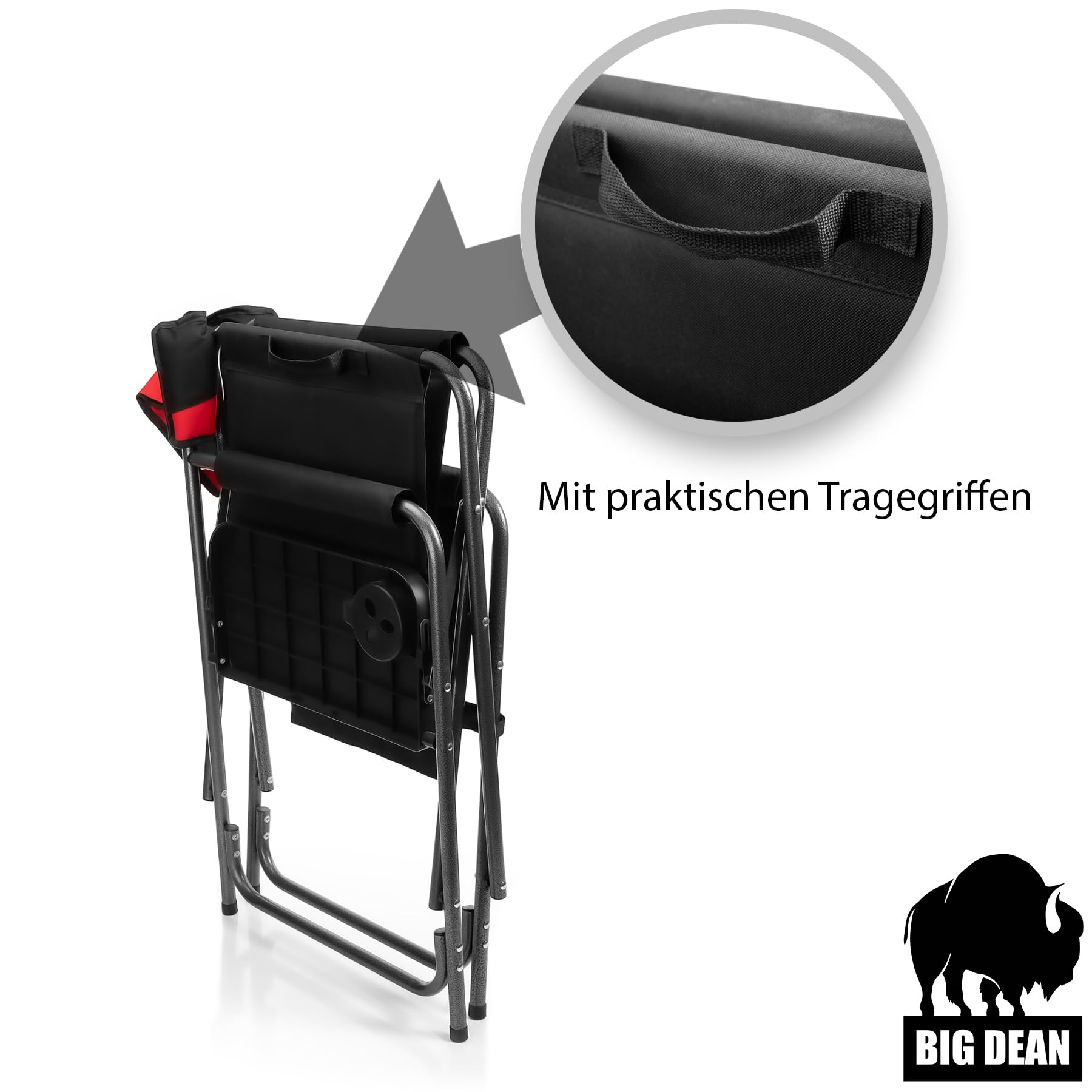 BigDean Campingstuhl 150kg mit Tisch – Klappstuhl mit Getränkehalter + Seitentasche – Hochwertiger Angelstuhl in Schwarz/Rot – Regiestuhl Klappbar für Camping und Outdoor – Metall und Kunststoff