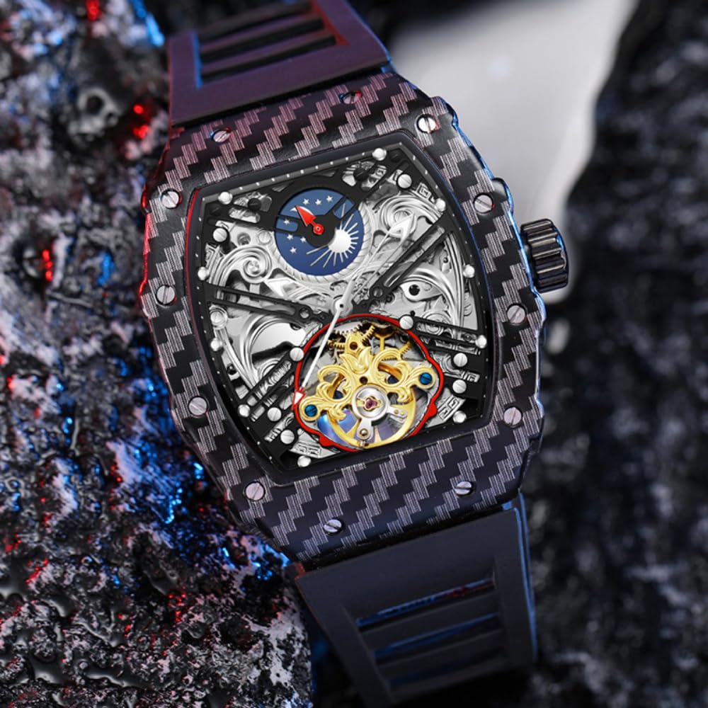 Męski czarny szkielet automatyczny zegarek mechaniczny luksusowy Tourbillon Hollow Vintage zegarki Tonneau cyferblat silikonowy pasek zegarek na rękę