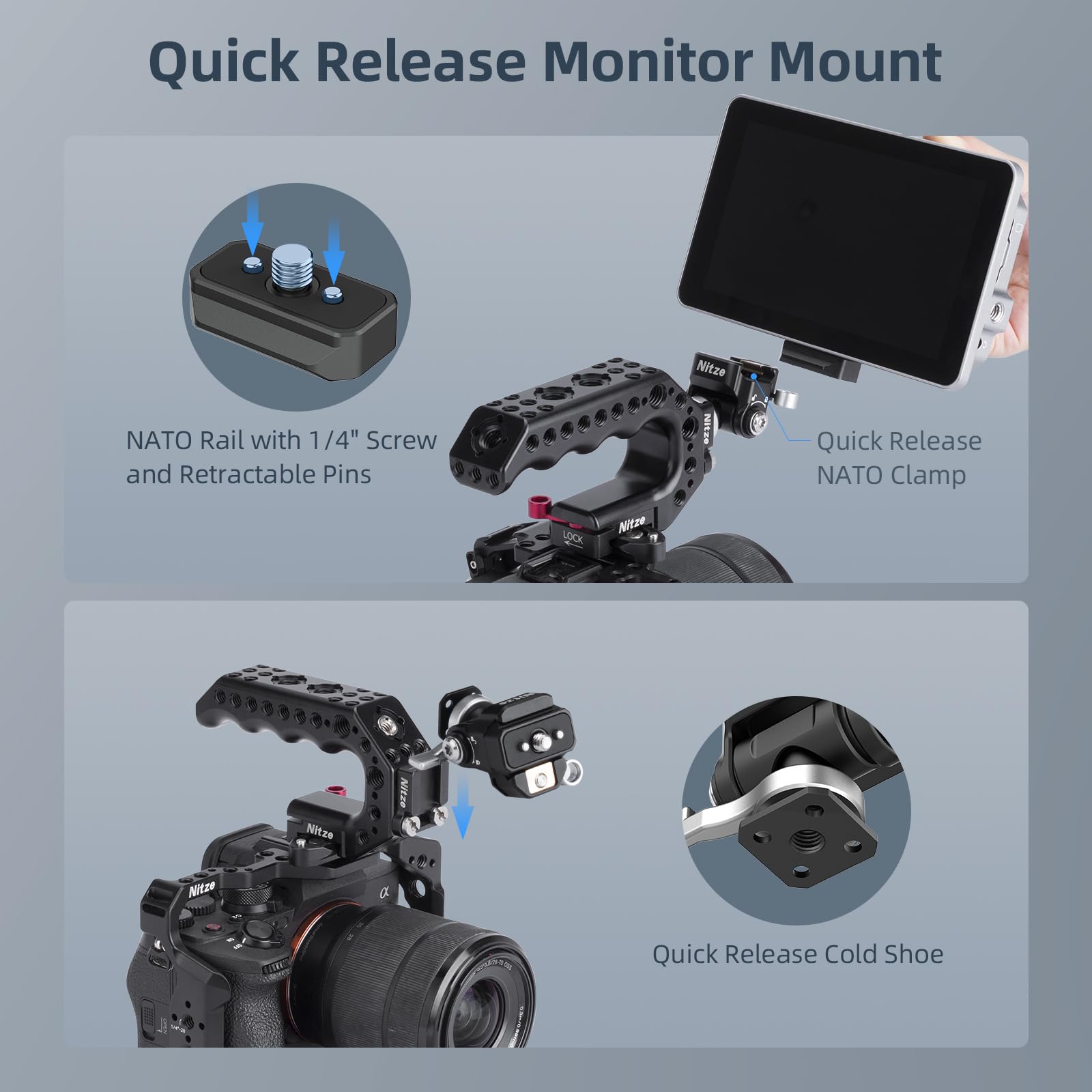 Nitze Quick Release Kamera Monitor Mount (NATO Rail mit 1/4"-Screw und Retractable Pins to Cold Shoe), Kameramonitorhalterung mit Verstellbarer NATO-Klemme, 180° Neigung und 360° Schwenkung - N54-S1