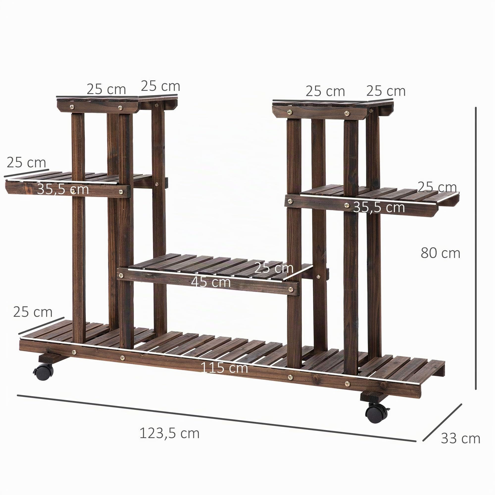 Outsunny 4-Etagen Pflanzenständer, 80cm hoch Blumenständer für Innen Außen, Pflanzenregal aus Holz, mehrstöckig Blumenregal, Blumentreppe Blumentopfständer für Wohnzimmer, Garten Balkon, Verkohlt