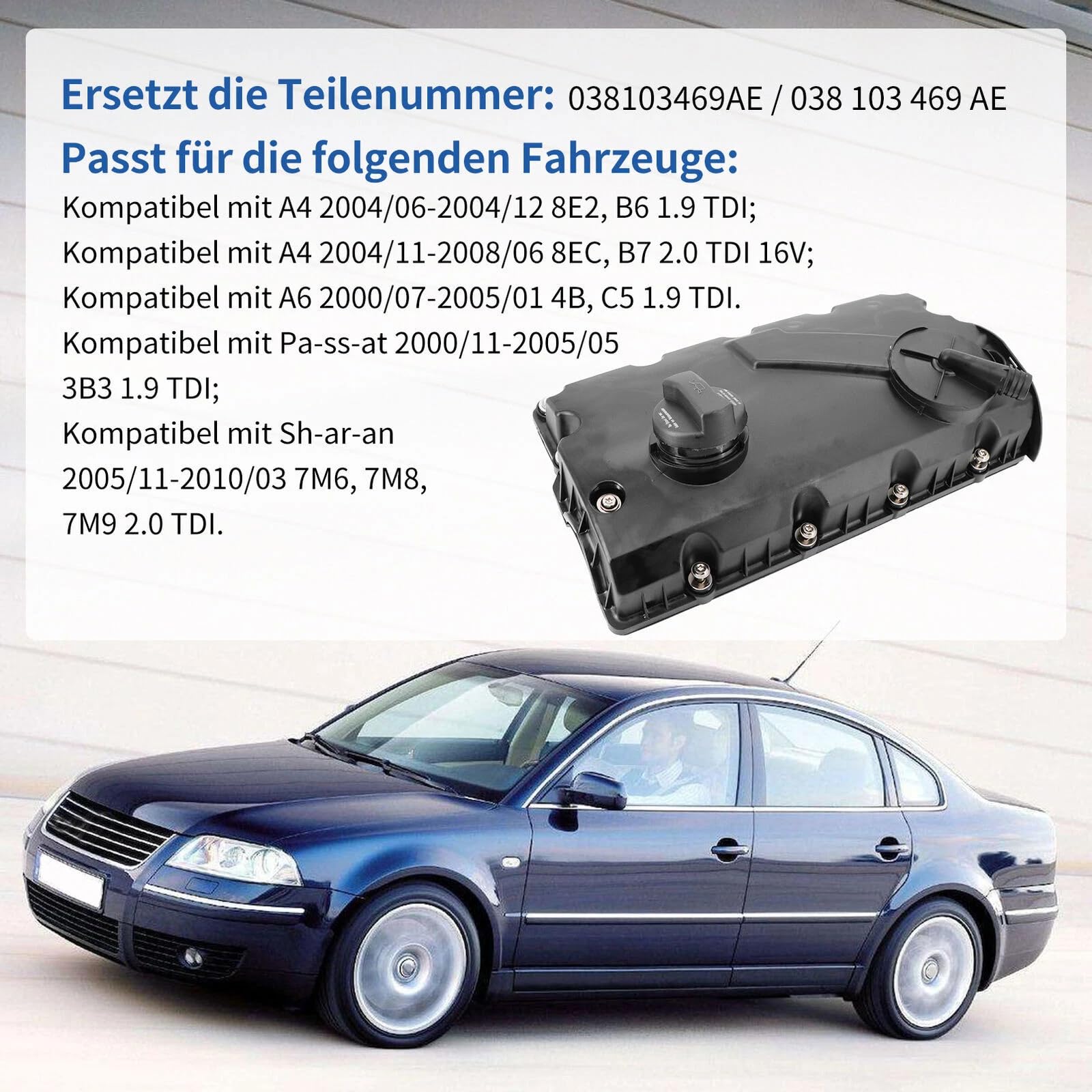 Tapa de válvula de culata compatible con A4 B6 B7 A6 C5 Galaxy I ALHAMBRA 7V8 7V9 SUPERB I 3U4 TRANSPORTER T5 Repuesto para 038103469AE 038103469R