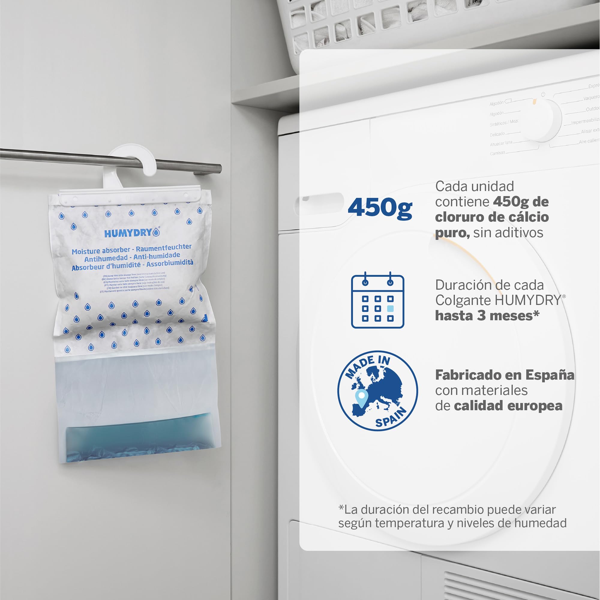Pack de 3 Bolsas antihumedad Percha - Absorbe Humedad de Armarios - Espacios de hasta 15 m2 - Fragancia Neutro - Contenido: 3 unidades de 450 gr - Humydry