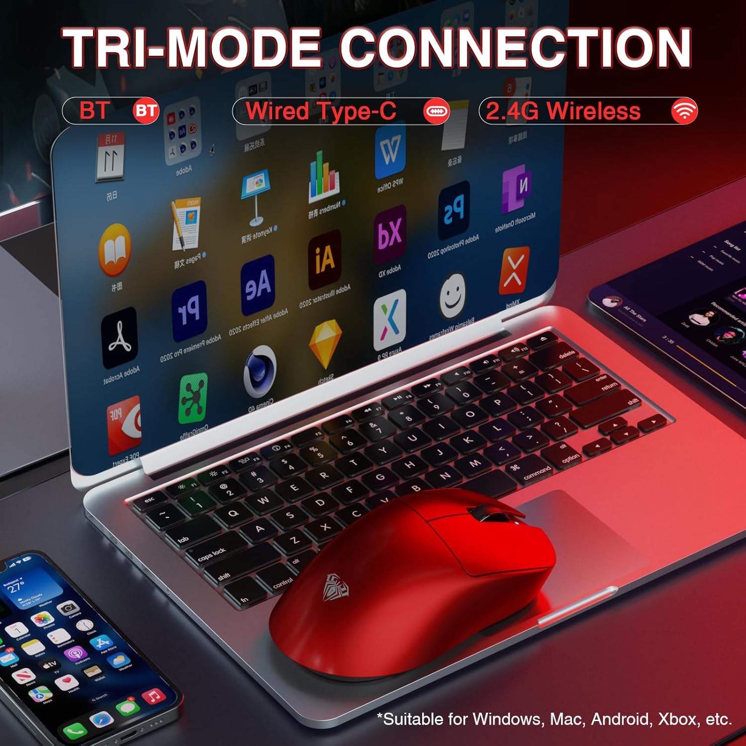 AULA SC900 Pro mouse connected to a laptop, illustrating its Bluetooth, wired Type-C, and 2.4G wireless connection modes.