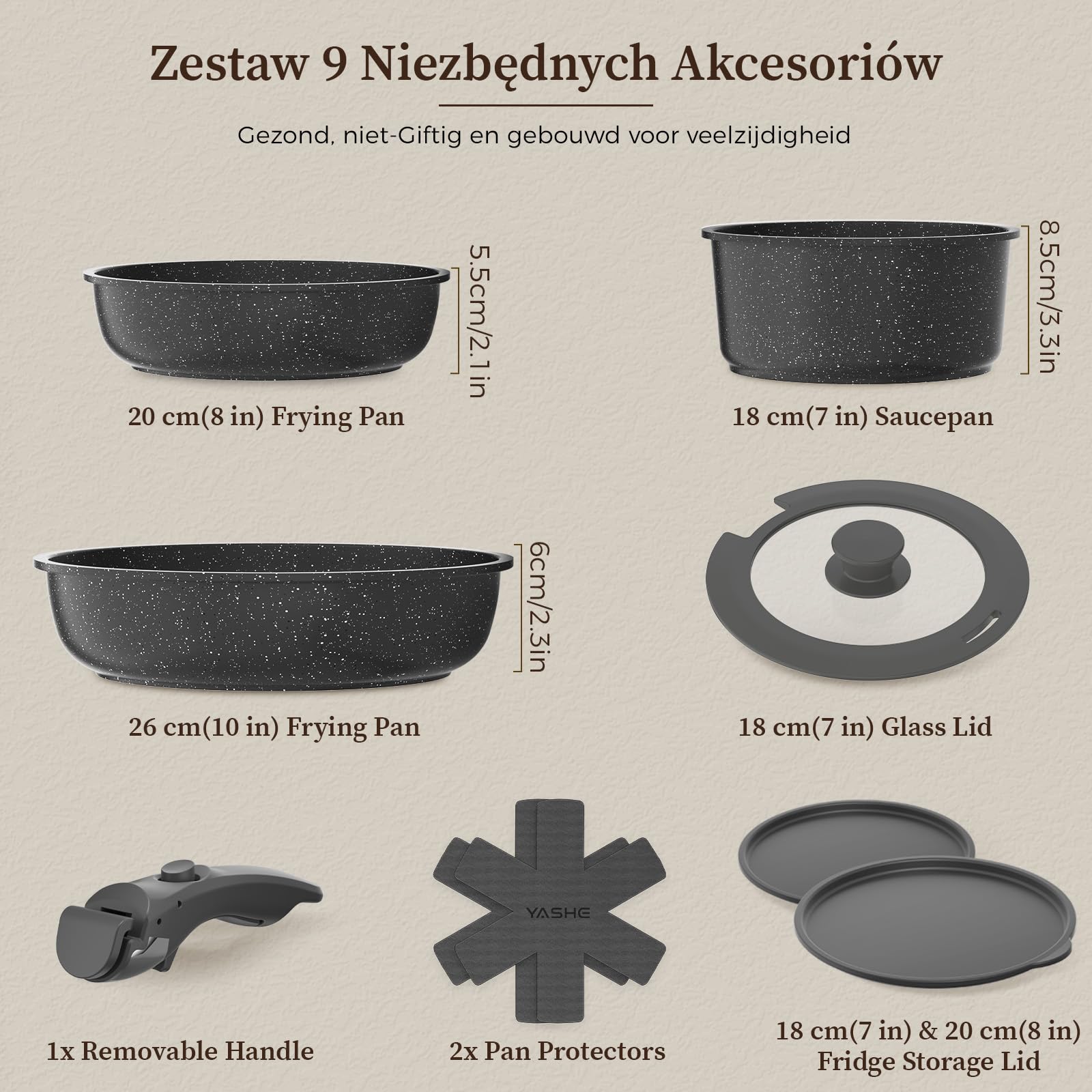 YASHE 9-Elementowy Zestaw Garnków, Odpinane Rączki, Na Indukcję, Granit | Konstrukcja Możliwa Do Układania, Idealny Do Kampera, Odporny Na Piekarnik, Bezpieczny, Trwały