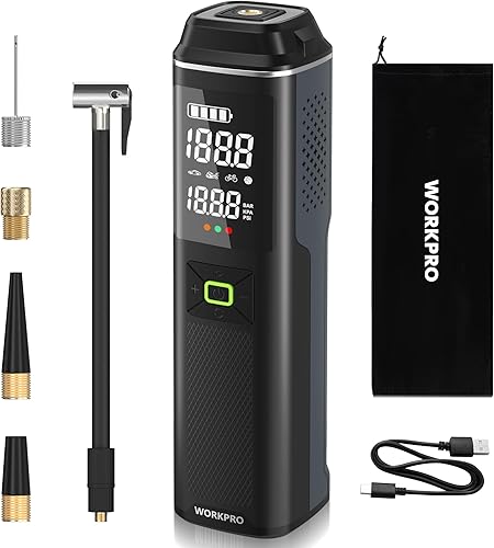 Miniatura 10 de WORKPRO Inflador de neumáticos, compresor de aire portátil, bomba de aire portátil de 12 V para neumáticos de automóvil con batería de 7500 mAh,