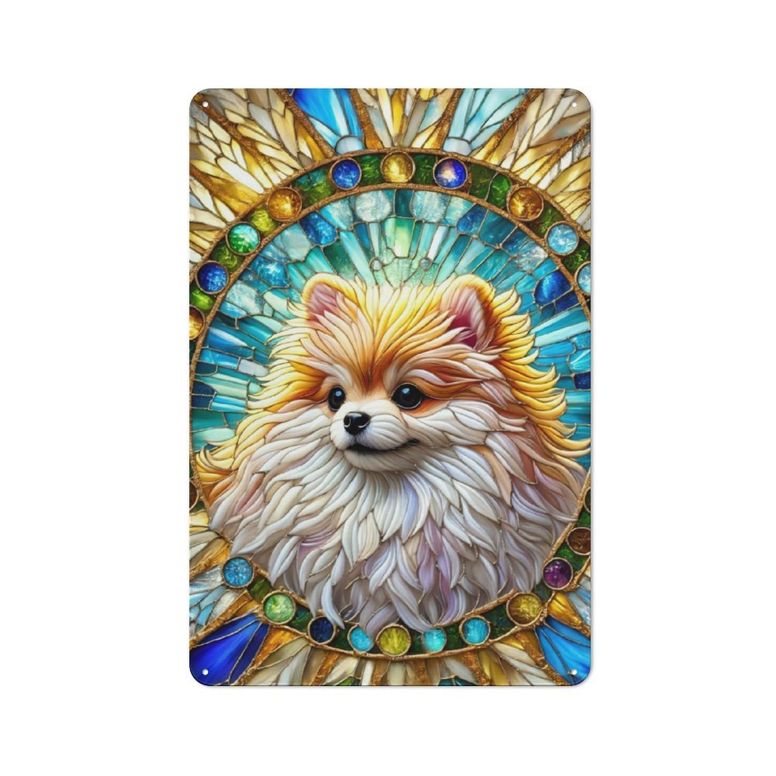 Junmoney Stained Glass Pomeranian Vintage Tin Sign 30X20cm With For Guest Room Or Hallway, For Themed Room Decoration, For Vintage Wall Decor Fans