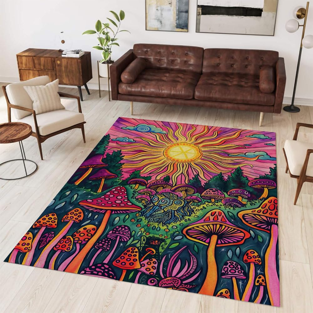 Tapis lavable salon 160x230 antidérapant avec de magnifiques motifs champignons