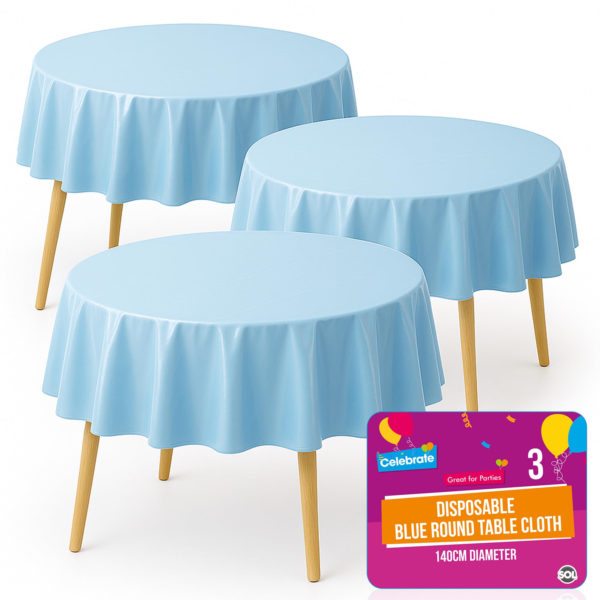SOL 3pk Blue Round Table Cloth Disposable 140cm – Premium Disposable Table Covers for Parties and Events – Easy to Use, Ideal for Weddings, Outdoor Gatherings, and Buffets, Durable and Practical