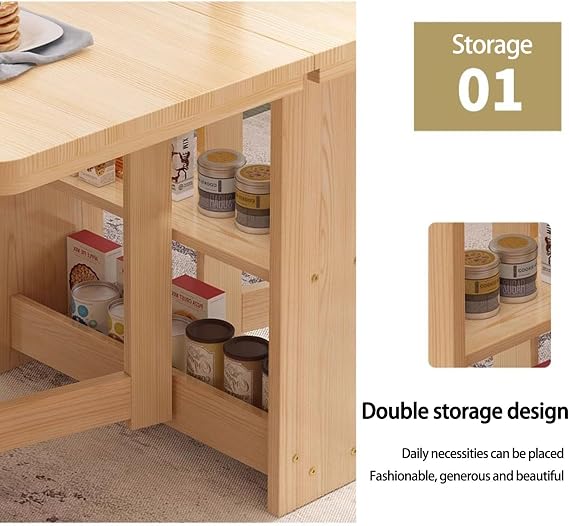 Solid Wooden Drop Leaf Dining Table,folding dining table with Double Layer Storage Rack,Collapsible Extension Dinner Kitchen Office Desk Tables(Walnut color,140x80cm)