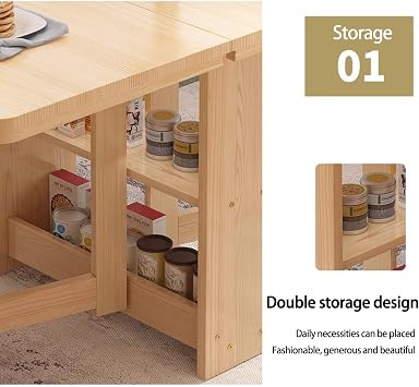 Solid Wooden Drop Leaf Dining Table,folding dining table with Double Layer Storage Rack,Collapsible Extension Dinner Kitchen Office Desk Tables(Walnut color,140x80cm)