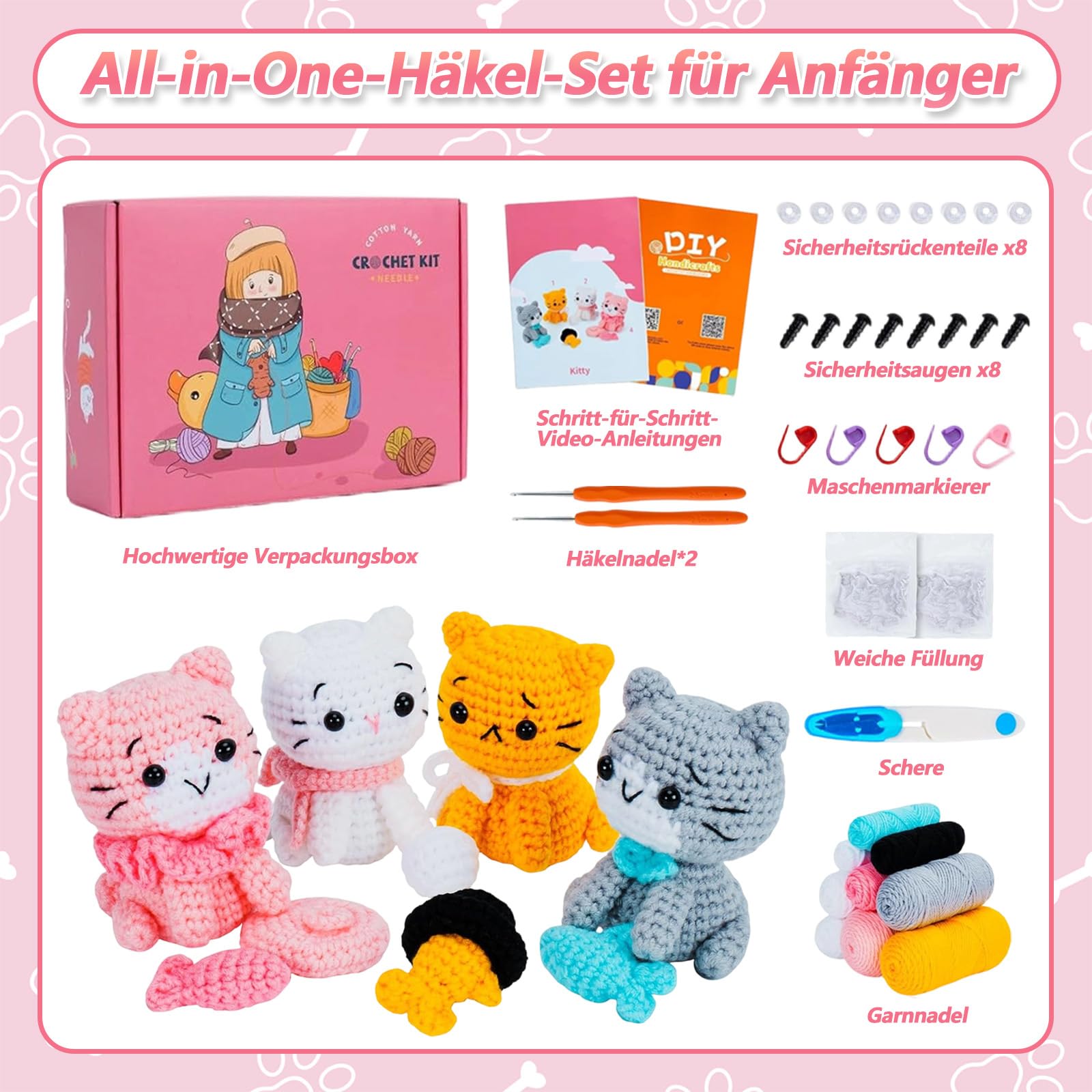 Cioquli Häkelset für Anfänger, 4 Stück Häkelset Tiere mit Häkelnadeln, Werkzeugen und Schritt für Schritt Video, Häkel Zubehör, DIY Stricken Set für Anfänger, Erwachsene, Häkelliebhaber Geschenk