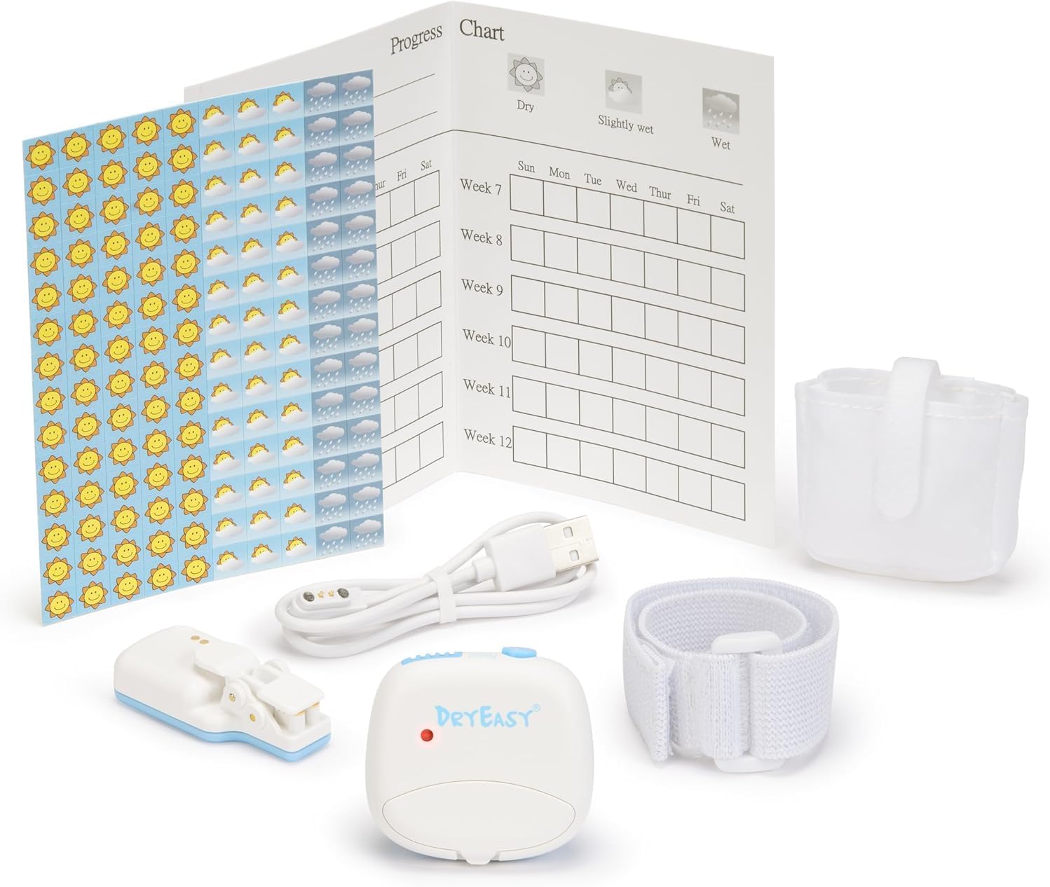 Contents of the DryEasy Pro Wireless Bedwetting Alarm package including the alarm units, charging cable, armband, progress chart, and stickers.