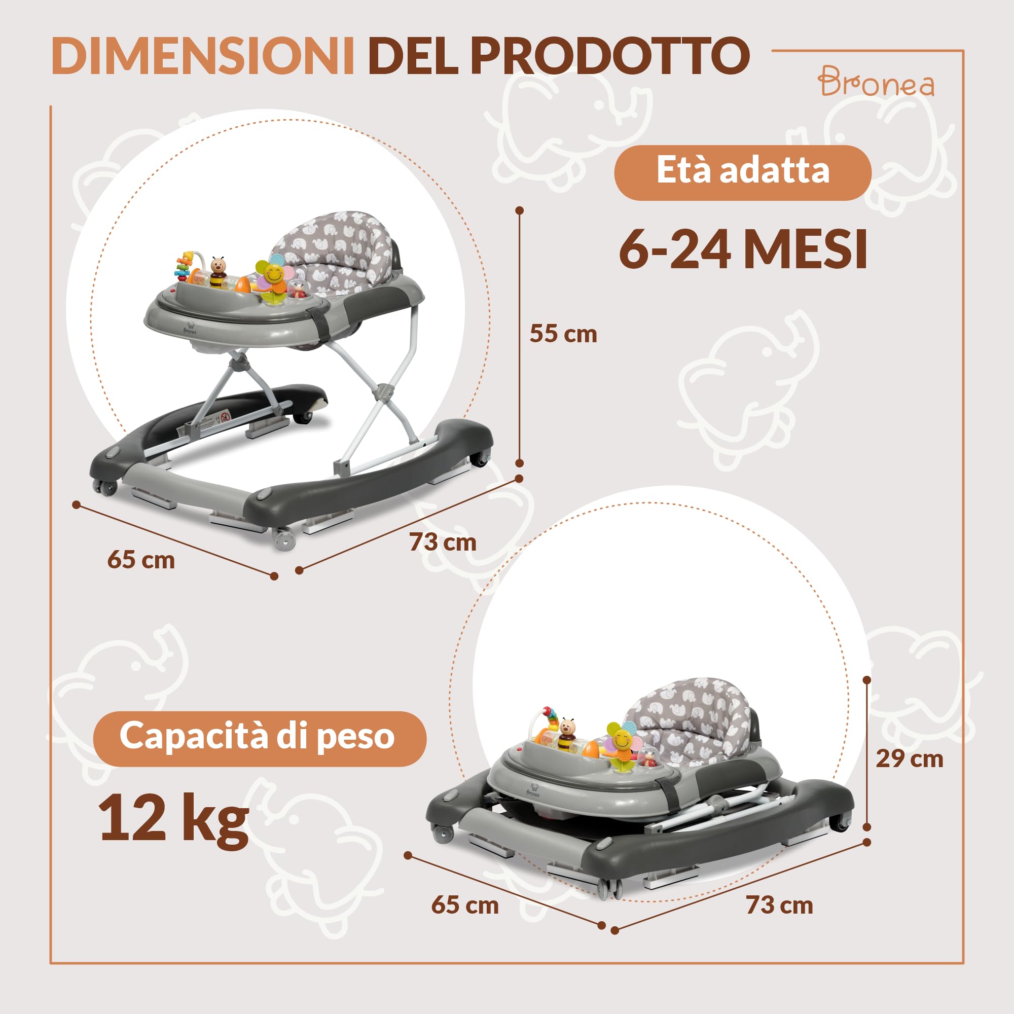Girello 4-in-1 per Bambini con funzione altalena e pannello di gioco con musica | Regolabile in altezza e pieghevole | Con ruote silenziose e freno